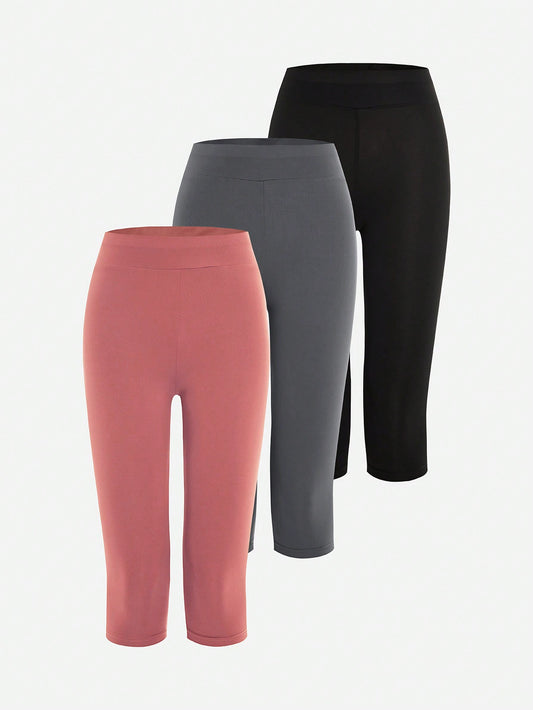 Tween Girl Three-Piece Simple Three-Color Combination Set Of High-Waisted Elastic And Comfortable Capri Leggings