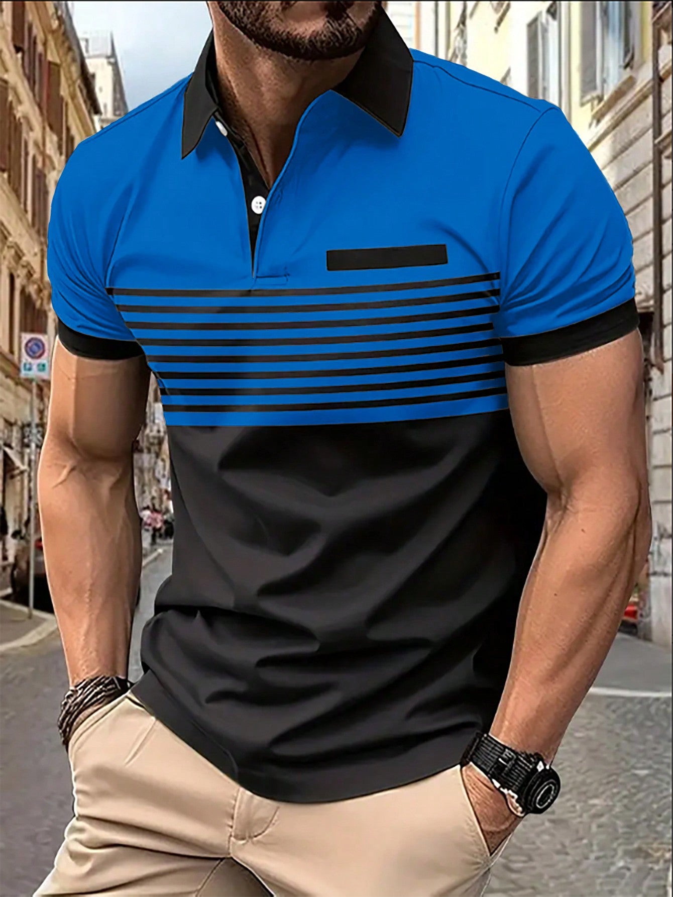 Men's Color Block Striped Polo Shirt