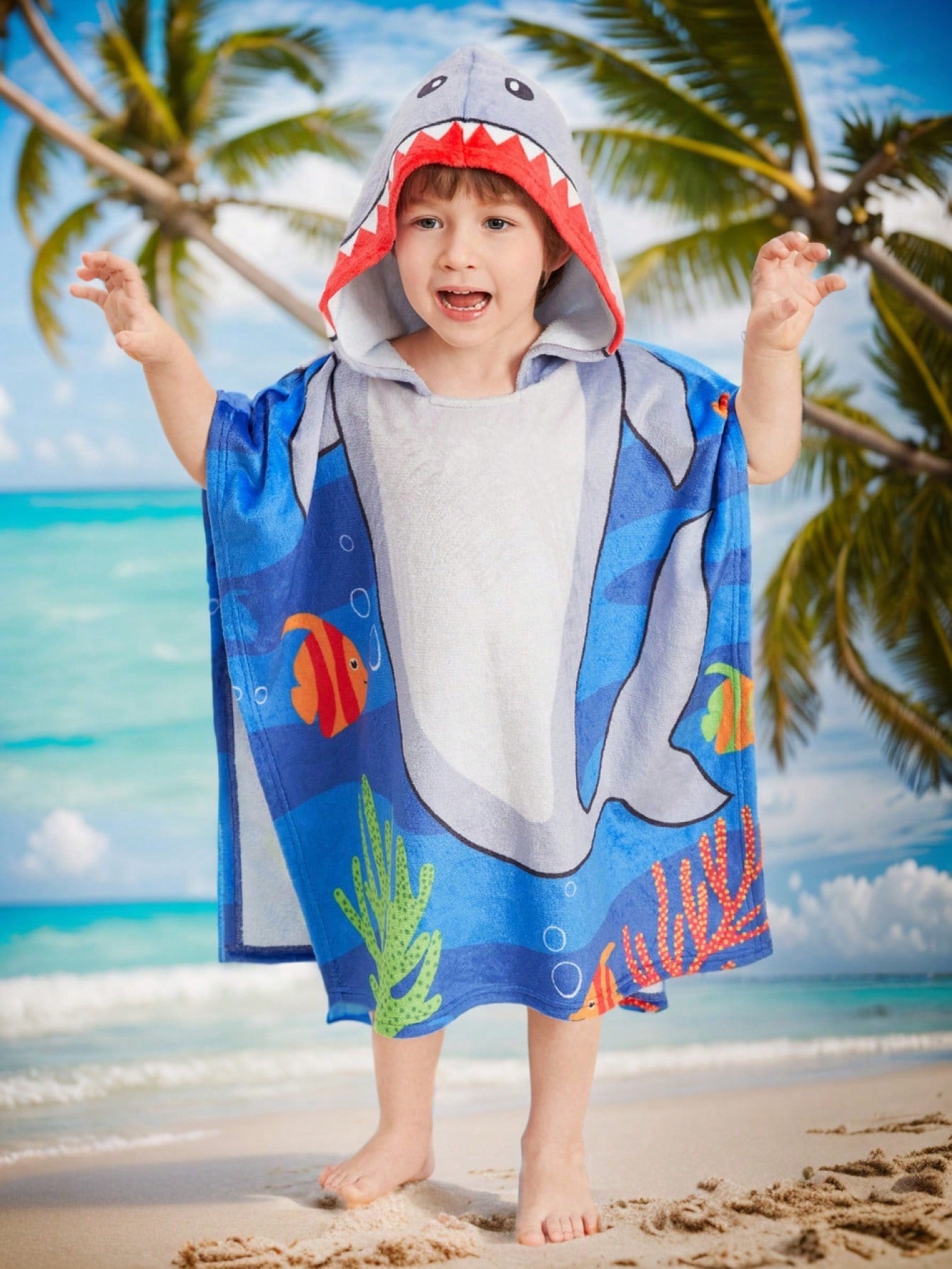 1pc Young Boys' Street Style Fun & Cute Shark Print Toweling Swimsuit Cover-Up, Ideal For Traveling, Swimming, Hot Spring & Daily Wear