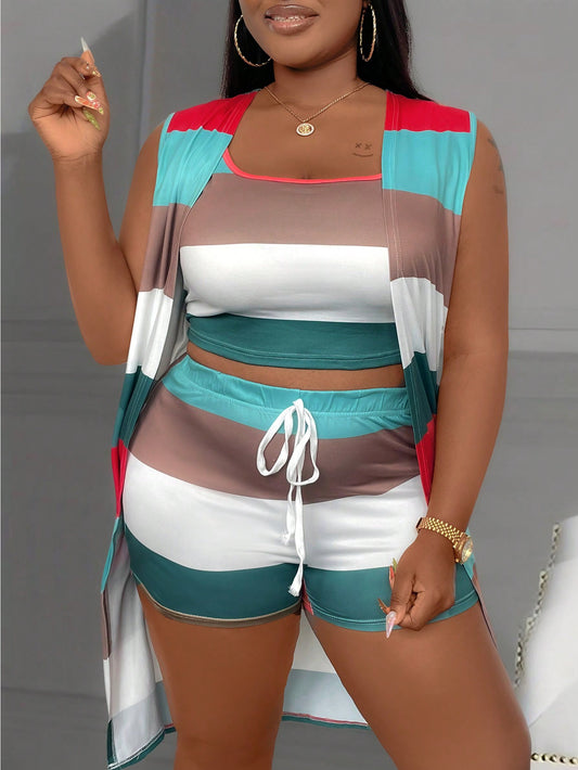 Plus Size Women Two Pieces Set: Contrast Color Sleeveless Vest Top And Shorts