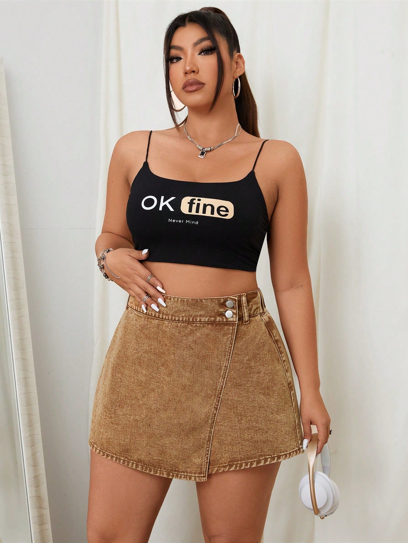 Plus High Waist Asymmetrical Hem Denim Skort