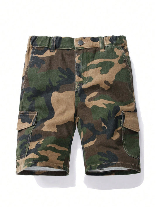 Tween Boy Camouflage Elastic Waist Denim Shorts With Tool Pocket