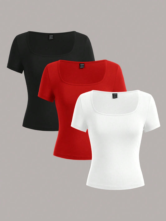 3pcs Crop Sleeve Casual Slim Fit Women's T-Shirts, Suitable For Summer