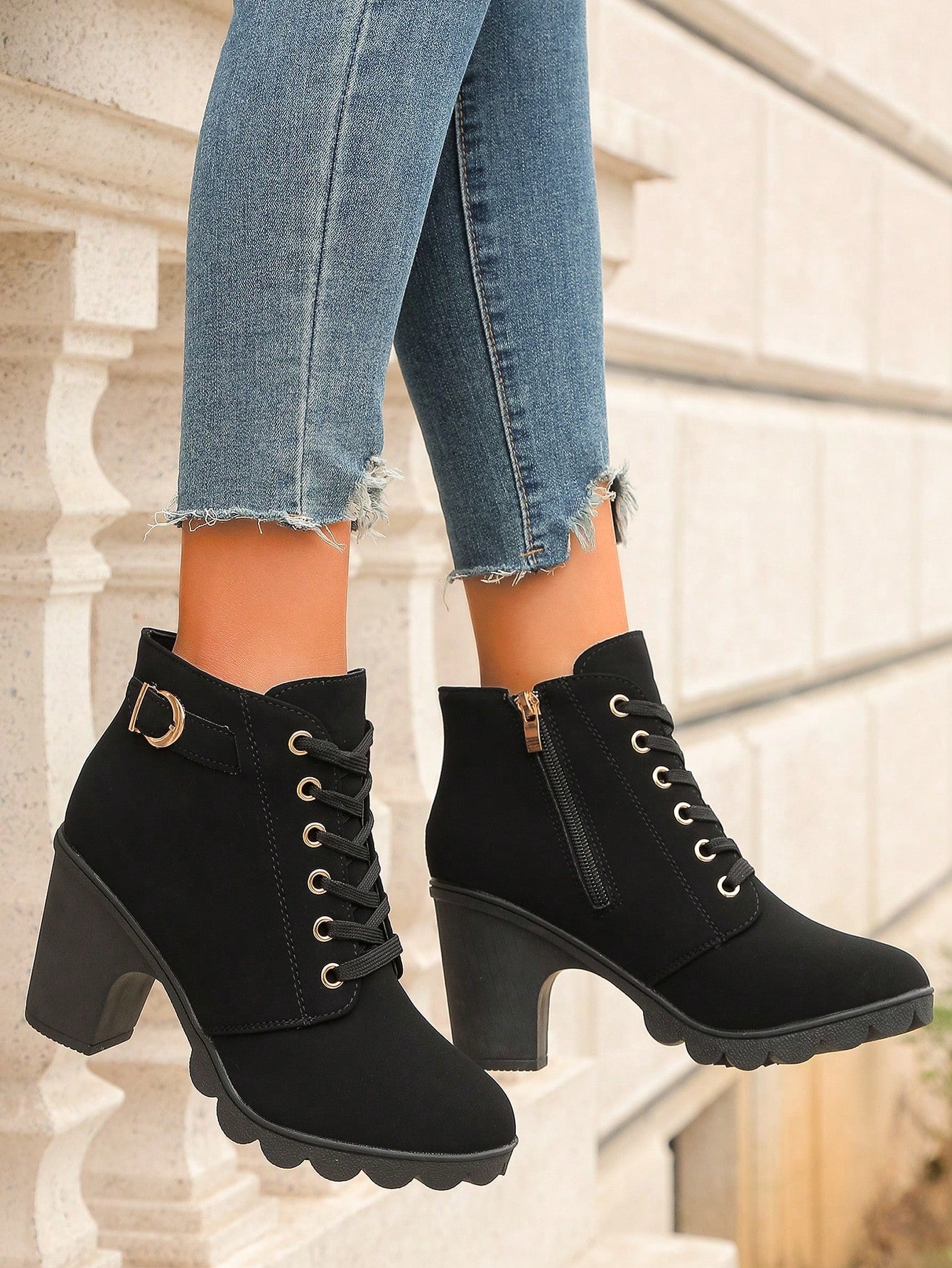 Elegant Women's Fashion Boots With Buckle Decoration, Front Lace-Up, Side Zipper, Chunky Heels