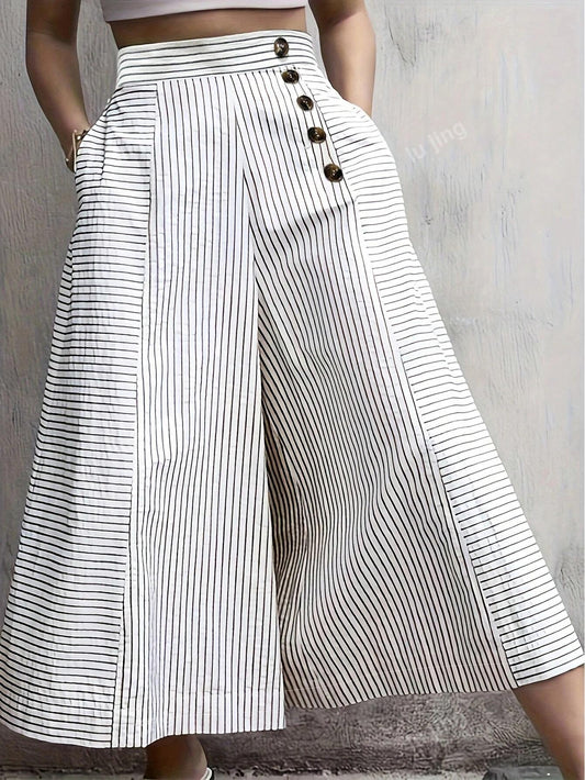 Women Striped Printed Wide Leg Pants, Suitable For Spring And Summer