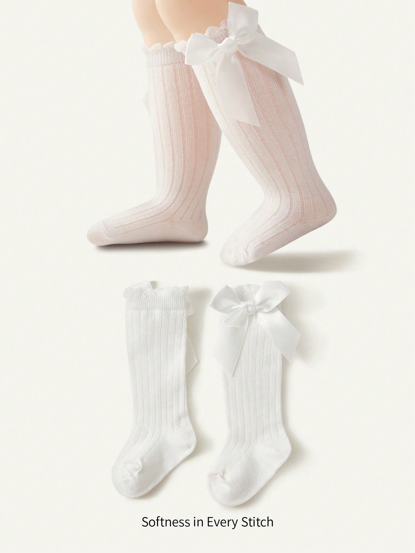 Cozy Cub 1pair Girls' White High Knee Socks With Bow