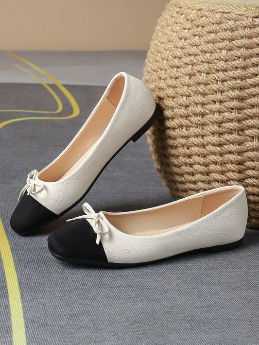 Fashion Square Toe Light Pink Flat Shoes For Women, With Bow Knot, Suitable For Outdoor Activities, High-End And Versatile, In Black And White Colors, Perfect For Casual Wear