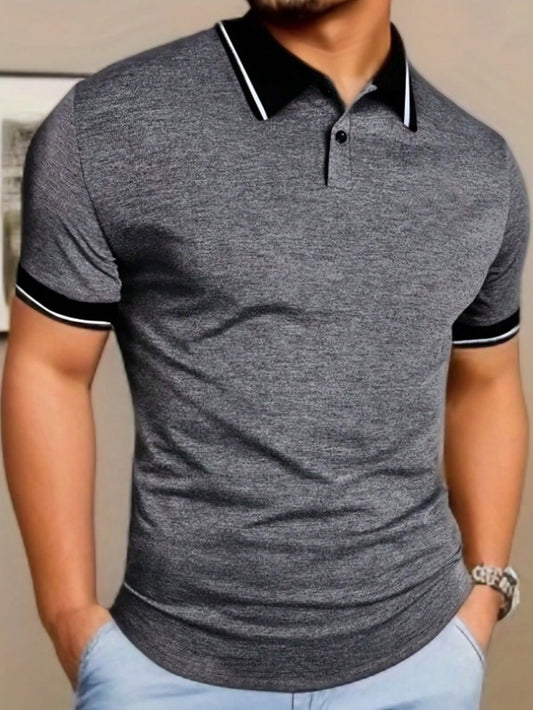 Men's Summer Vintage Turn-Down Collar Color-Block Short Sleeve Polo Shirt