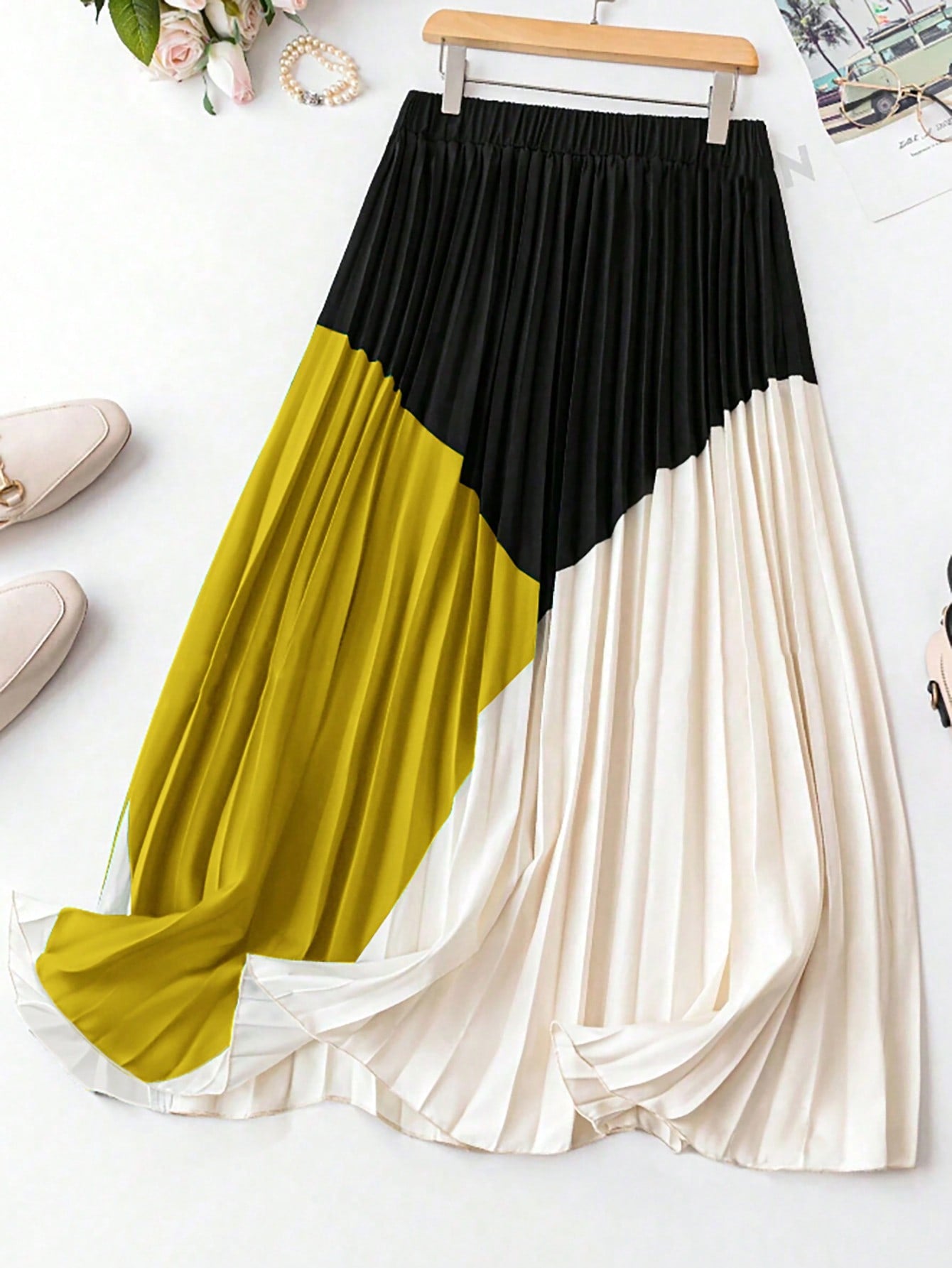 Women Plus Size Color Block Pleated Skirt