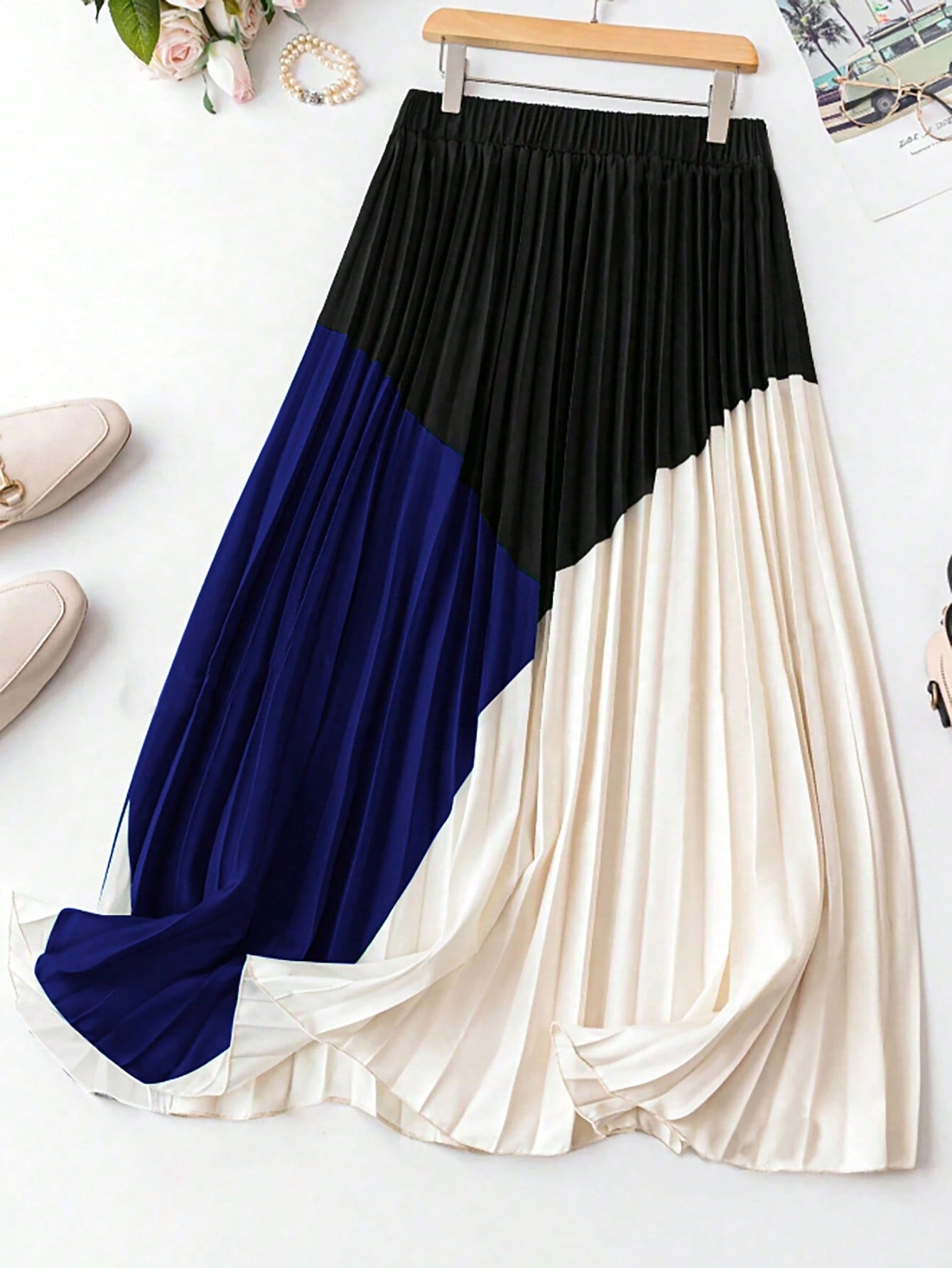 Women Plus Size Color Block Pleated Skirt