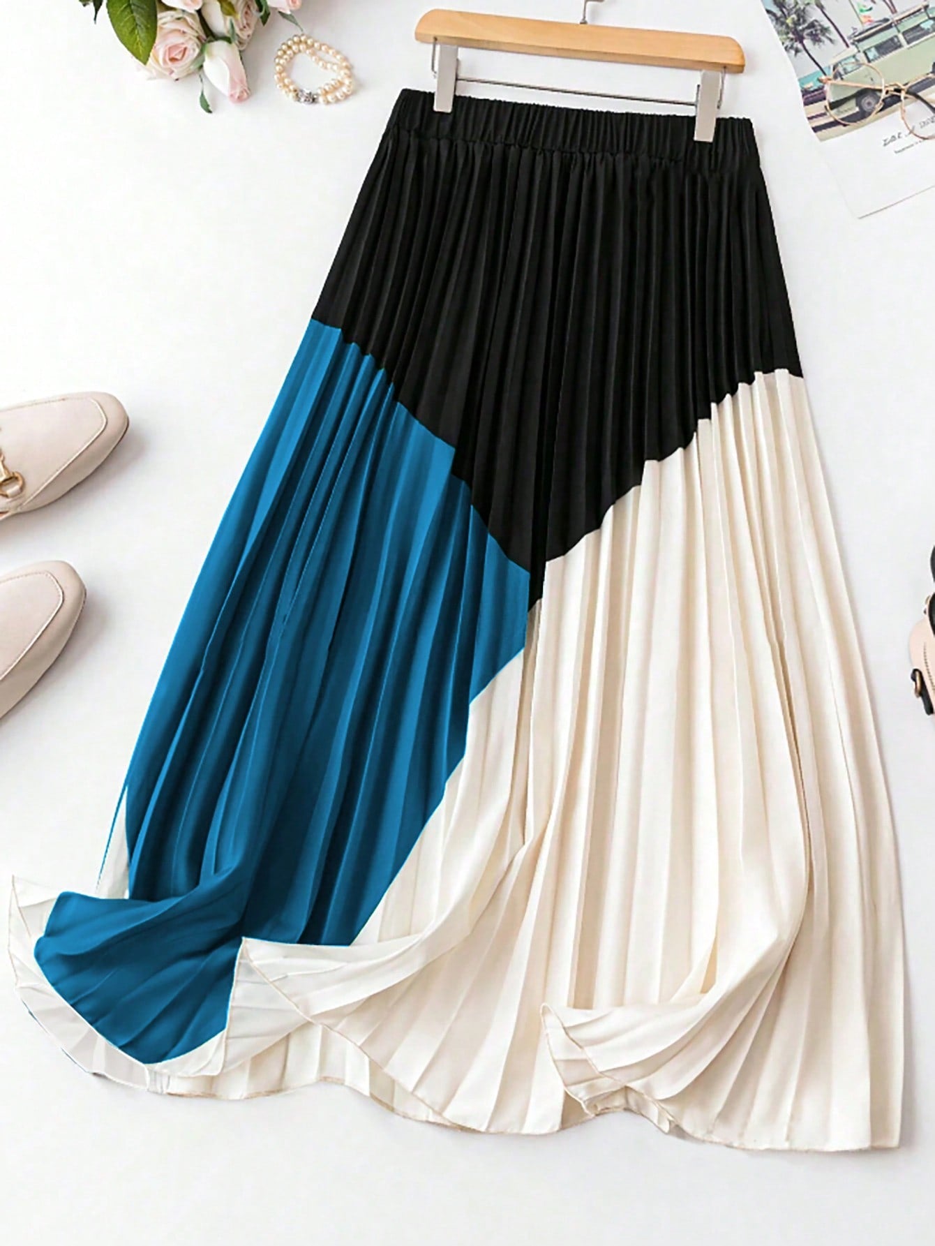 Women Plus Size Color Block Pleated Skirt