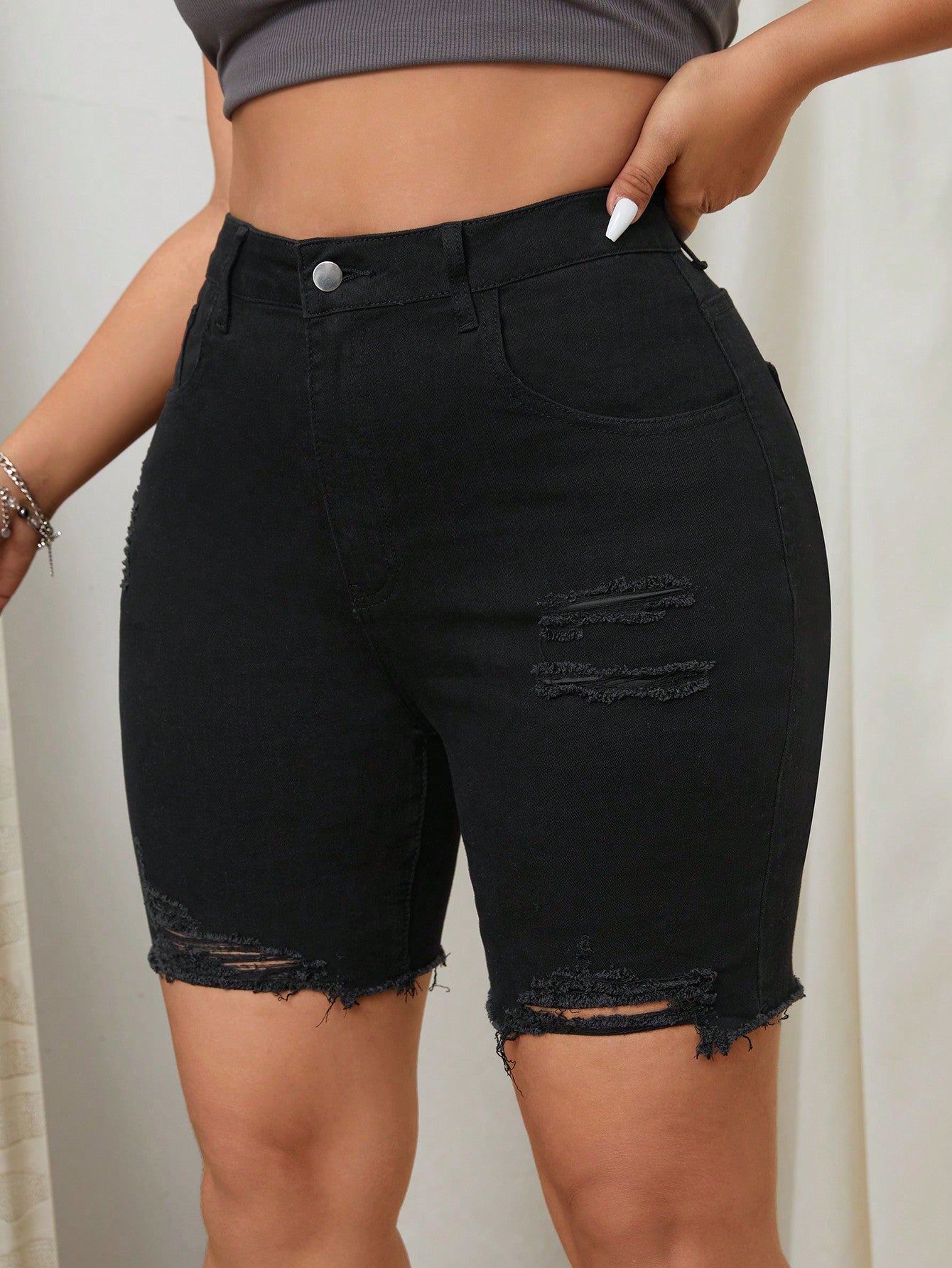 Plus Size Solid Color Denim Shorts With Pockets, Rips And Frayed Hem