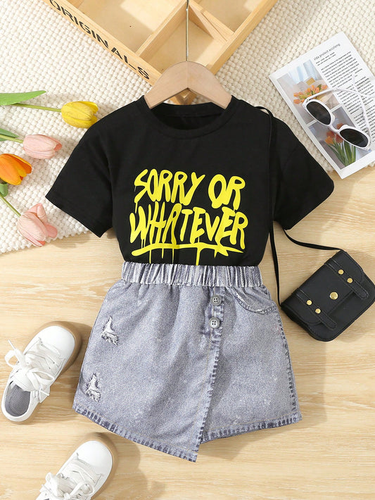 Young Girl Summer Leisure Cute Cartoon English Letter Print Short Sleeve Top And Imitation Denim Print Skort Two Piece Set