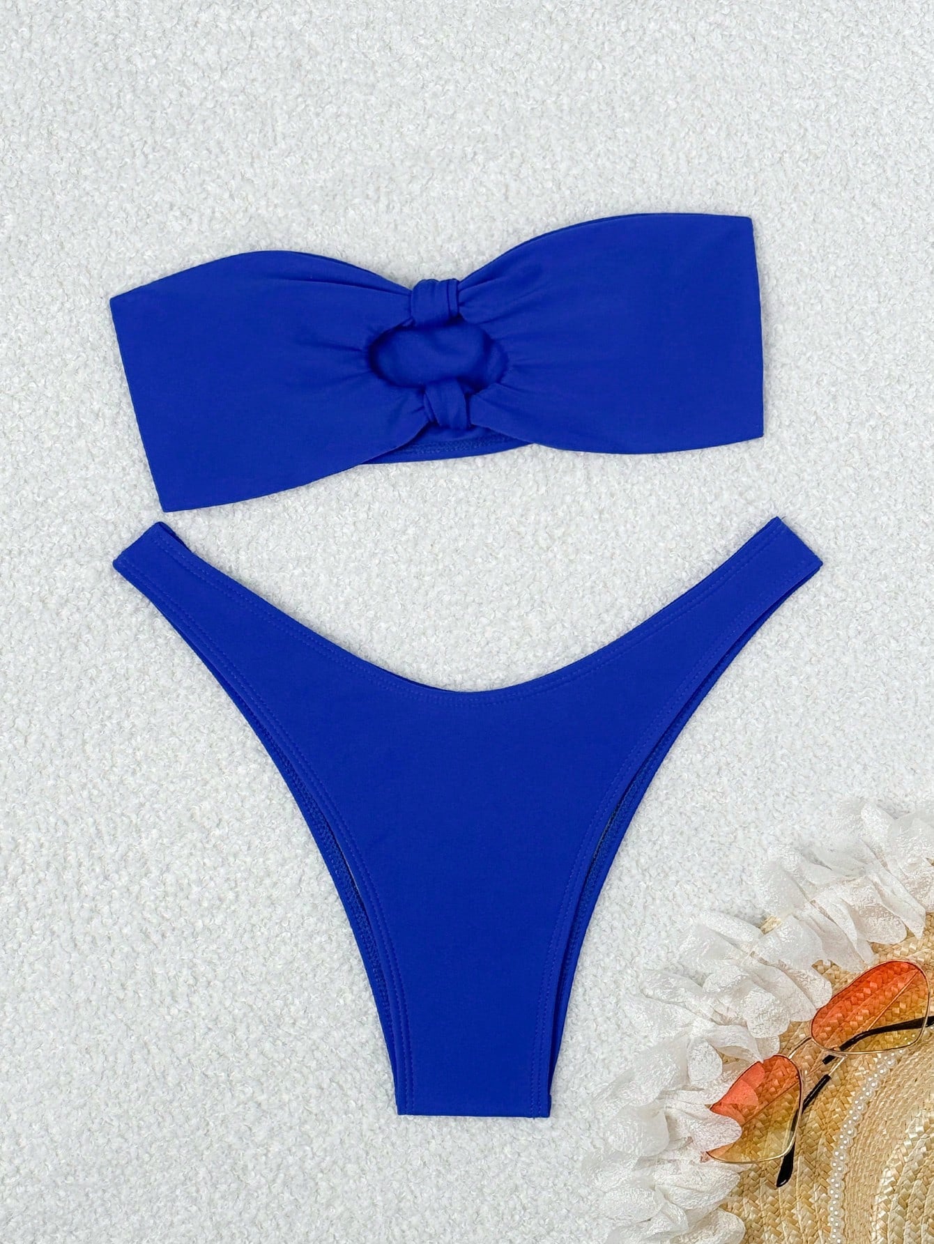 Swim Mod Summer Beach Solid Bikini Set Knot Decor Bandeau Top & High Cut Bottom 2 Piece Bathing Suit