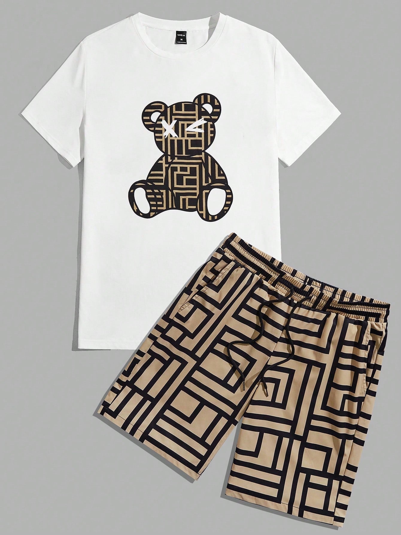 Men's Bear Printed Short Sleeve T-Shirt And Shorts Set For Summer