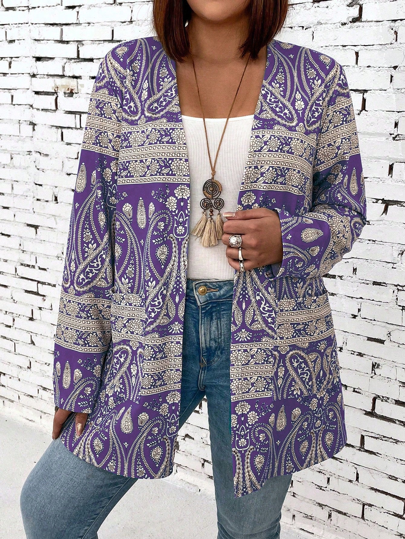 Plus Size Paisley Printed Open Front Casual Jacket