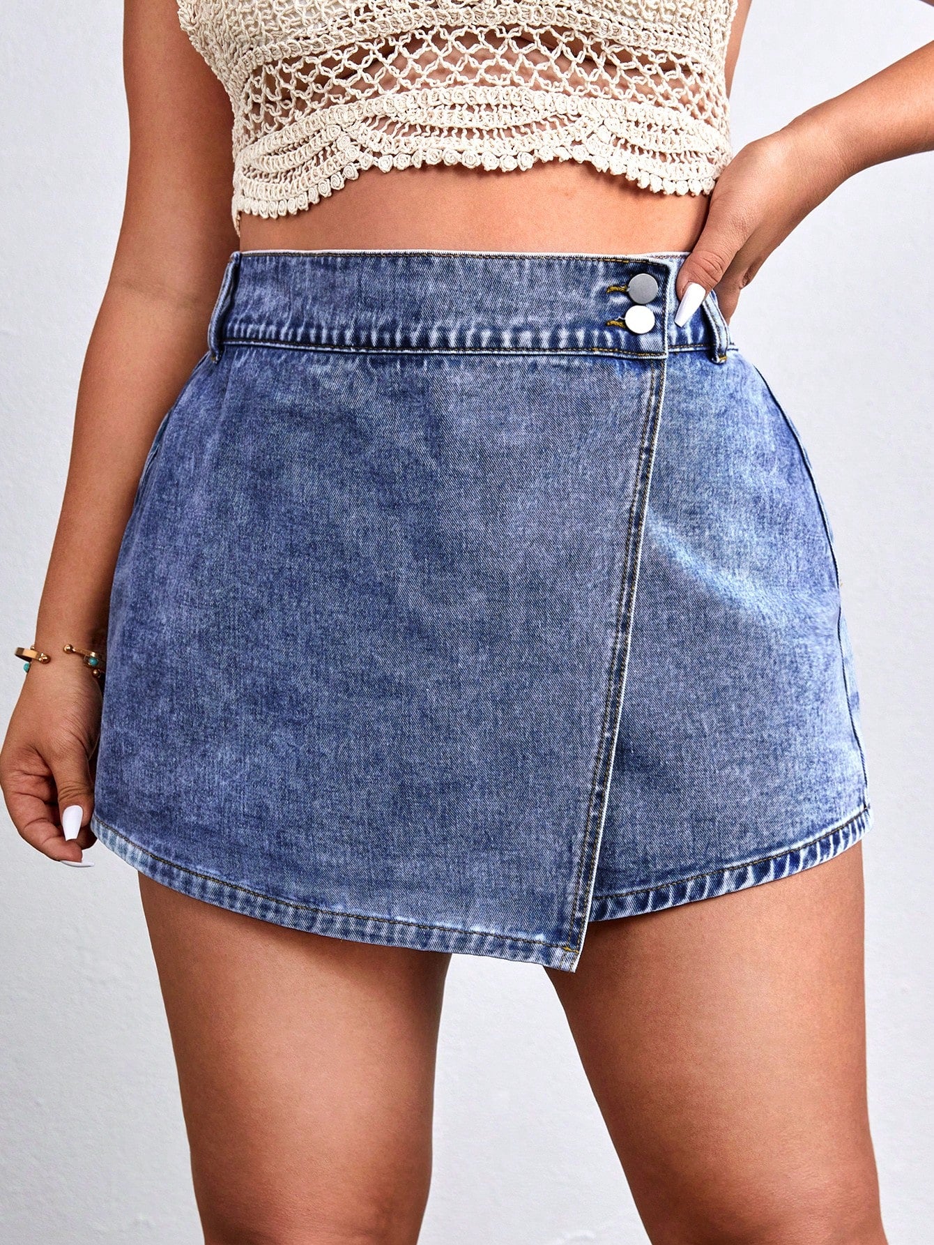 Plus Wrap Button Side Denim Shorts