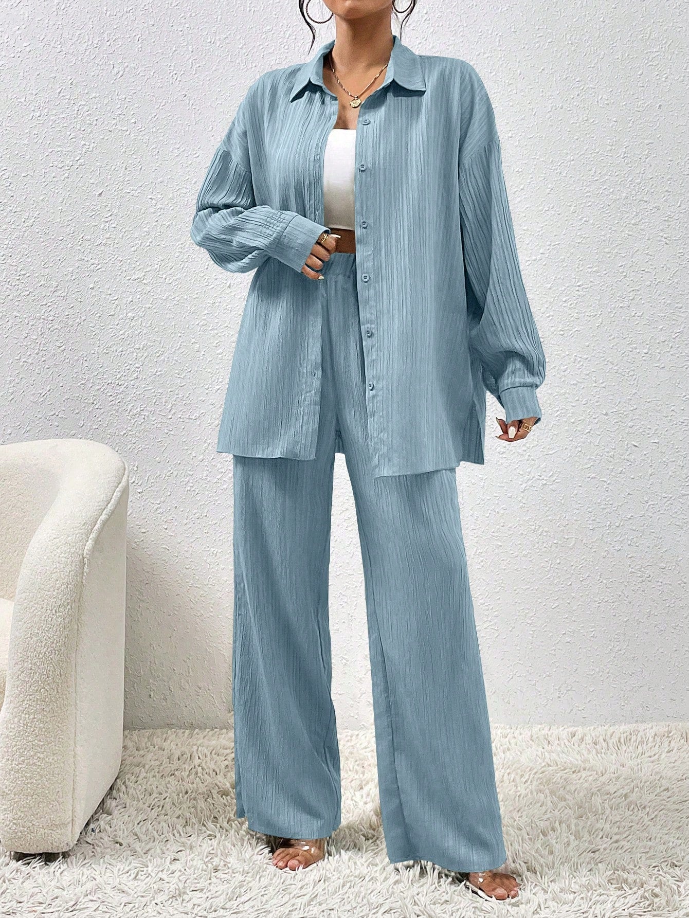 Women Solid Color Simple Daily Long-Sleeved Shirt And Trousers Two-Piece Set