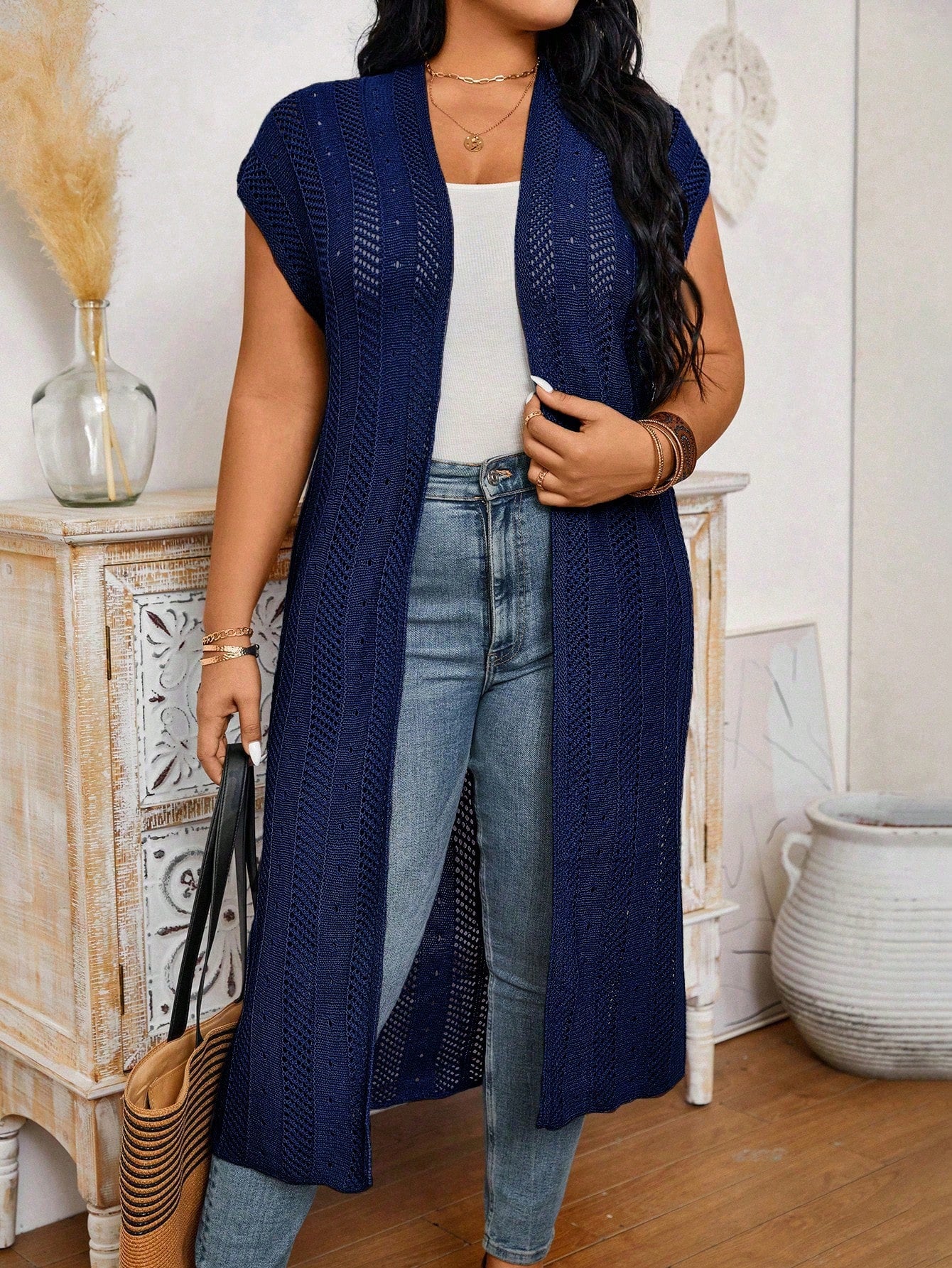 Plus Size Solid Color Long Cardigan With Flare Sleeves