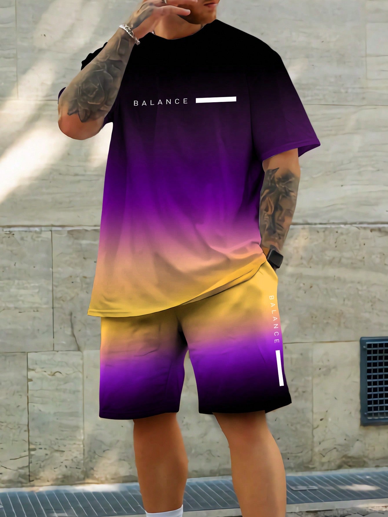 Men'S Gradient Letter Print Short Sleeve T-Shirt And Shorts Two Piece Set