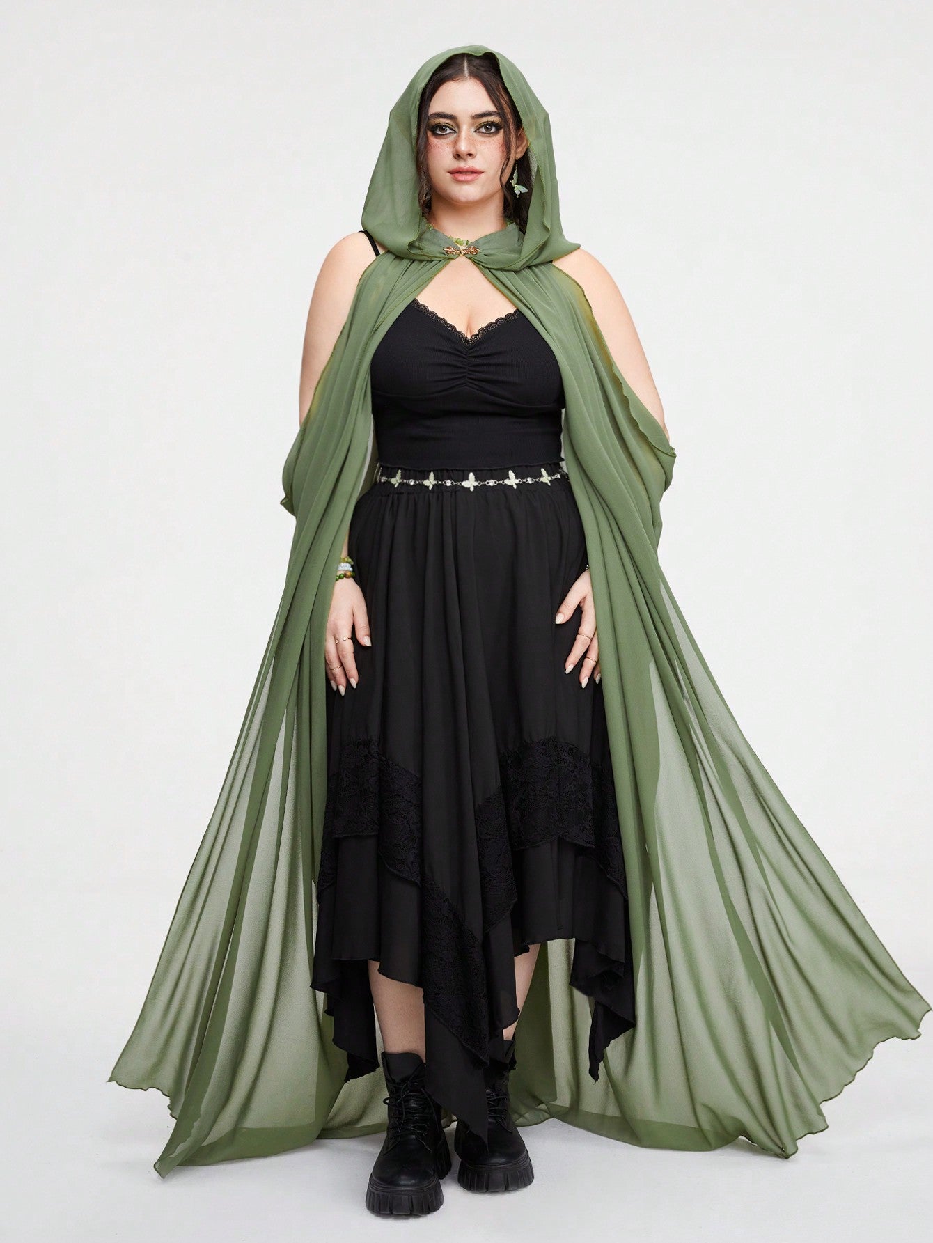 Fairycore Plus Size Solid Color Pleated Spaghetti Strap Sleeveless Forest Elf Vintage Cape For Women