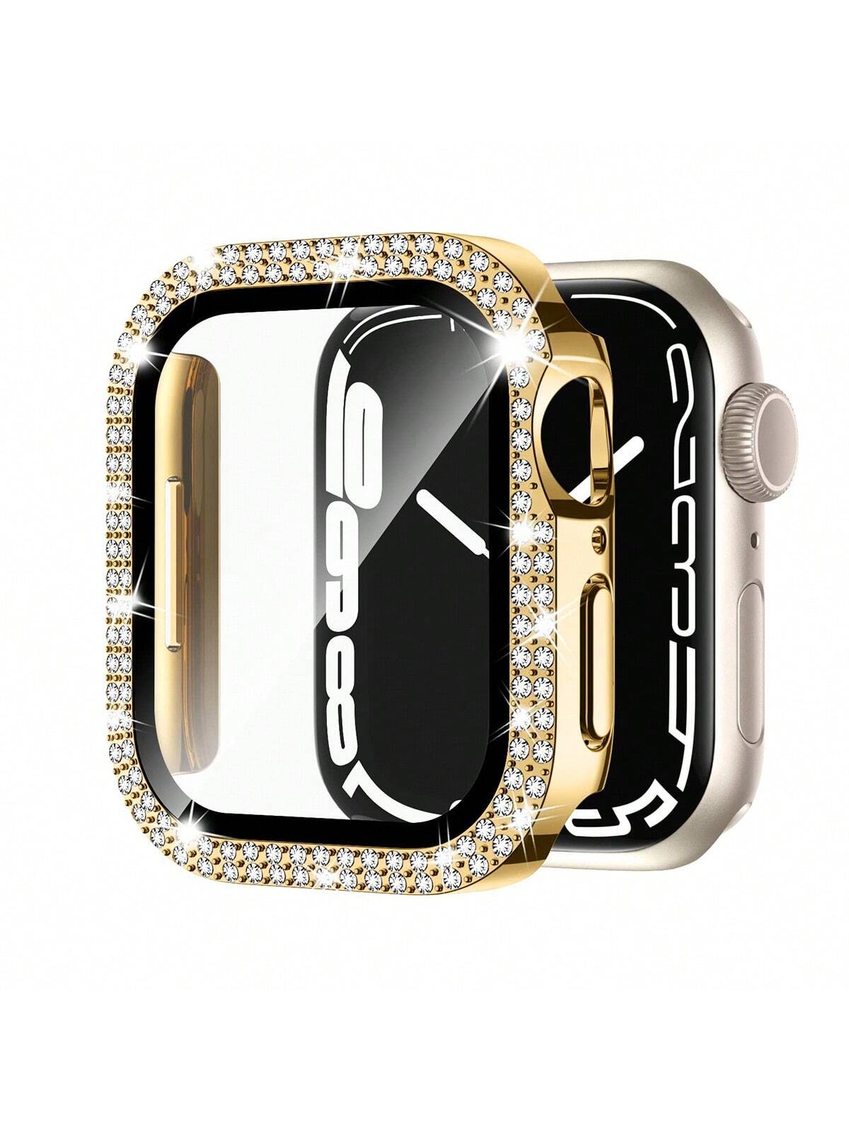 Compatible With Apple Watch Case Series 9/87/6/5/4/3/2/1/SE 38 40 41 42 44 45 Mm With Tempered Glass Screen Protector, Double Bling Case Crystal Diamonds Rhinestone Bumper Overall Hard PC Ultra-Thin Protective Cover For Apple Watch