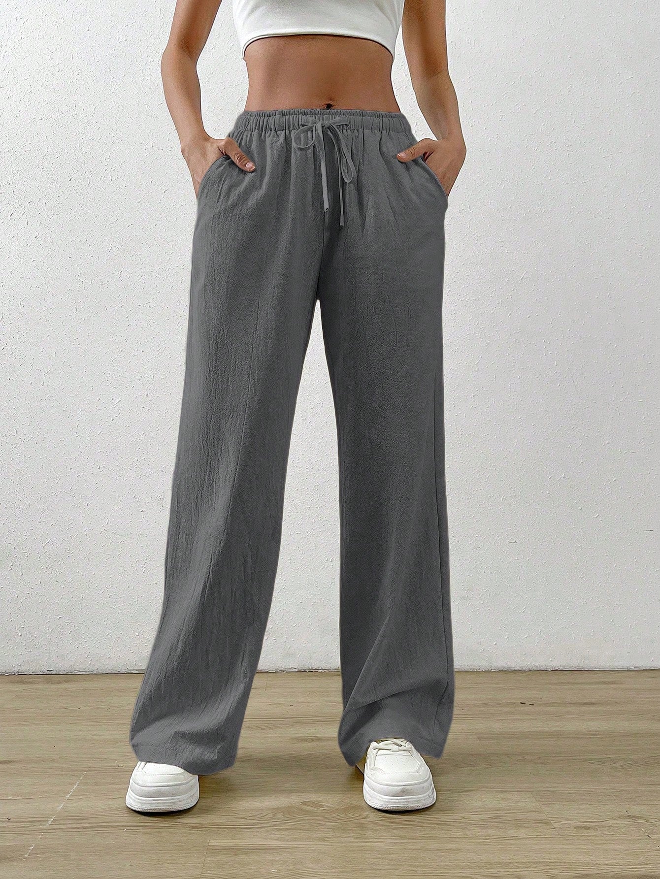 Cotton Loose Straight Drawstring Waist Slant Pocket Pants