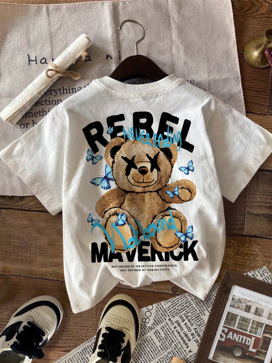 Tween Girl Casual Simple Cartoon Bear Pattern Short Sleeve T-Shirt, Round Neck, Suitable For Summer