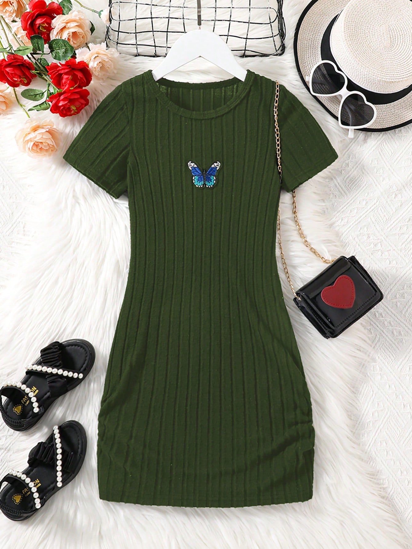 Tween Girl Butterfly Embroidery Ribbed Knit Dress