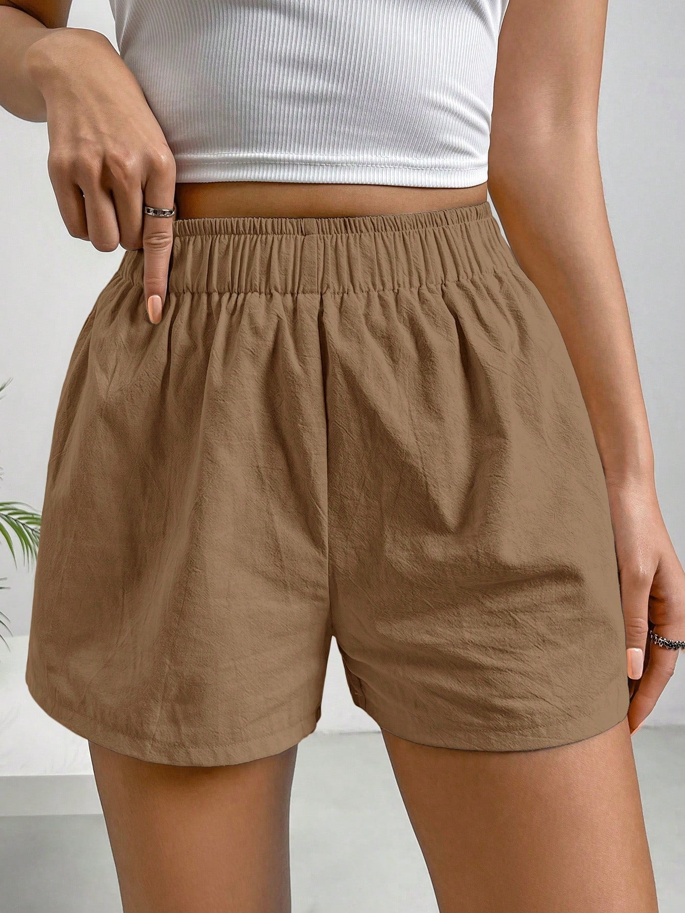 Solid Color Elastic Waist Shorts