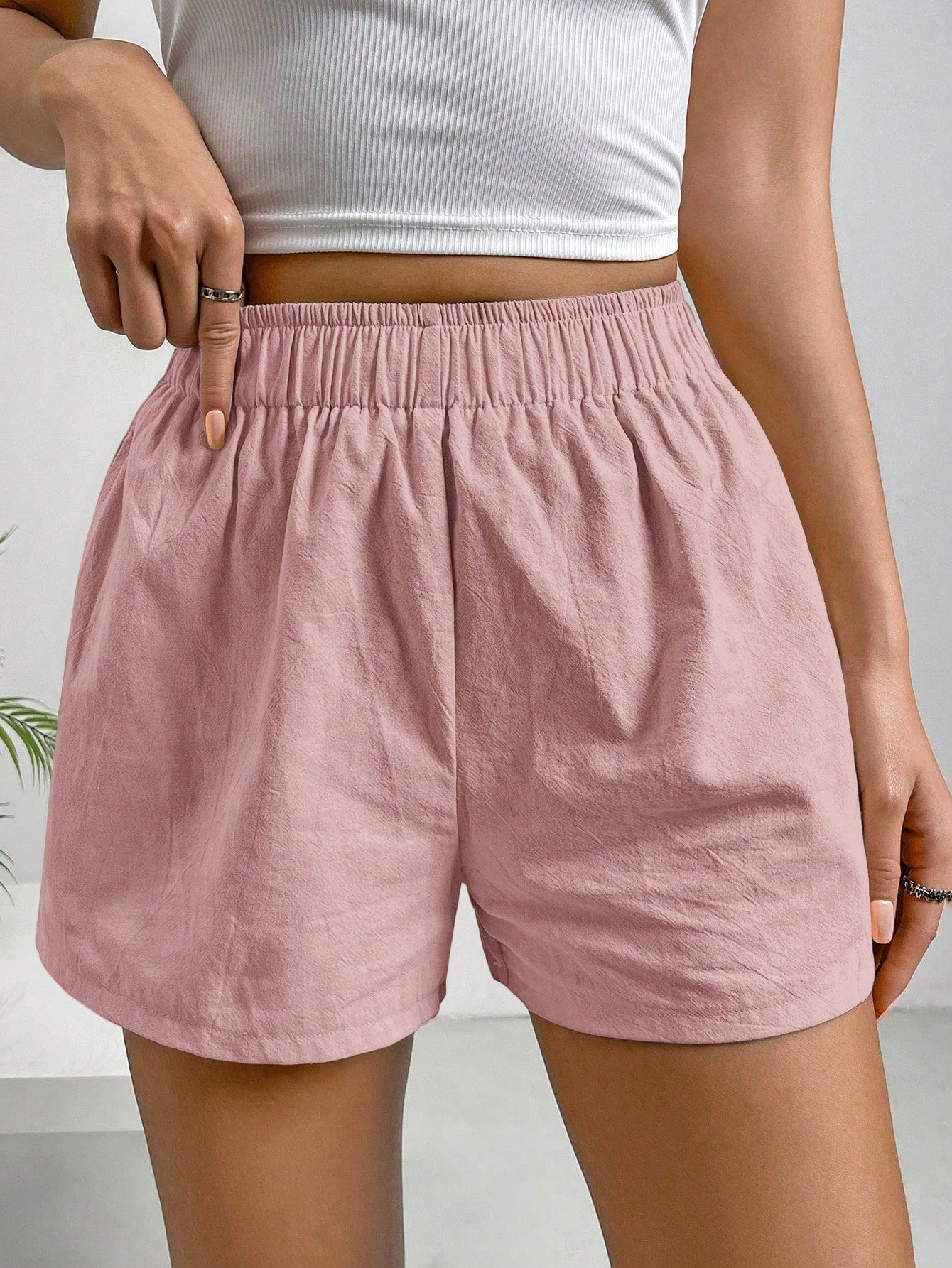 Solid Color Elastic Waist Shorts