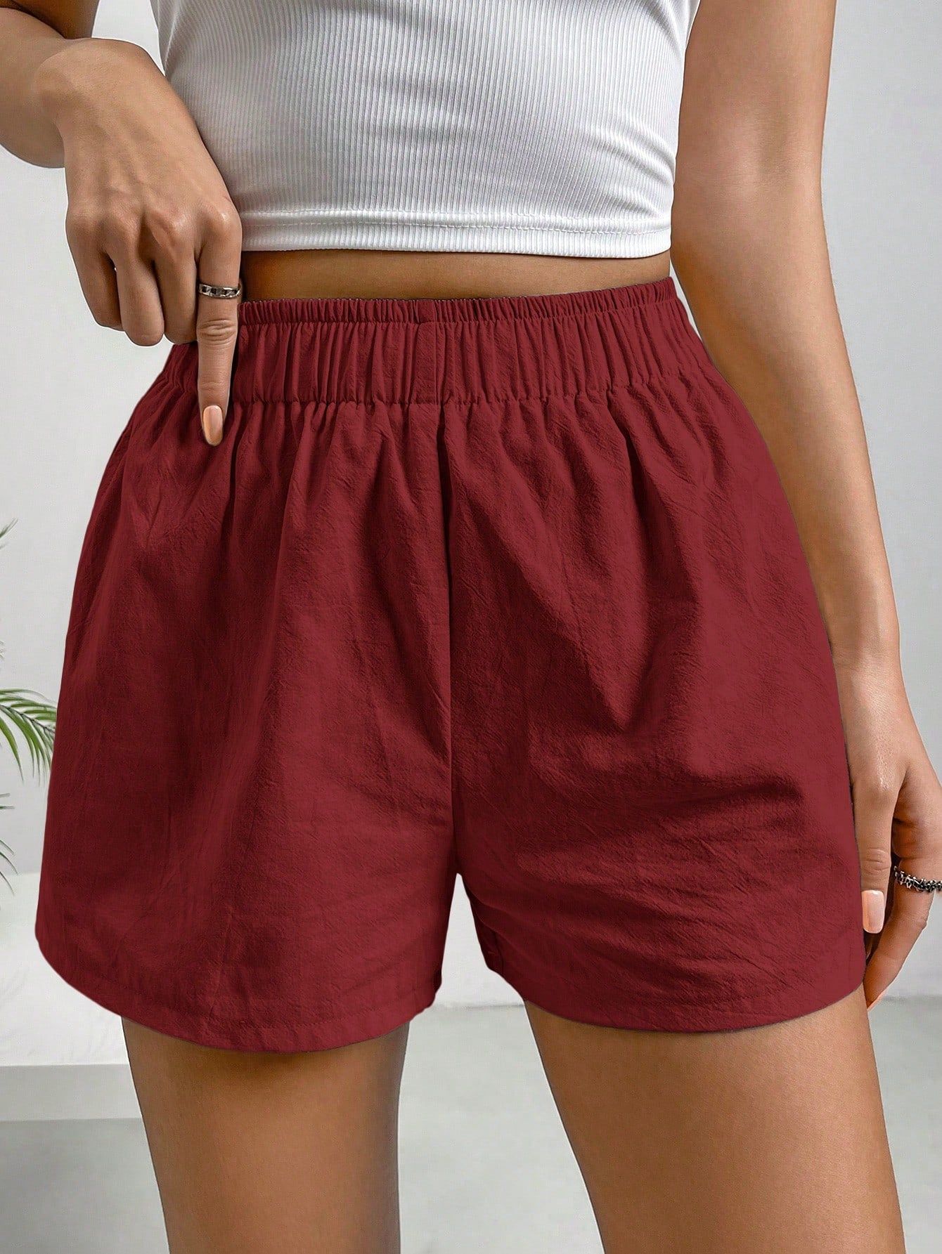 Solid Color Elastic Waist Shorts