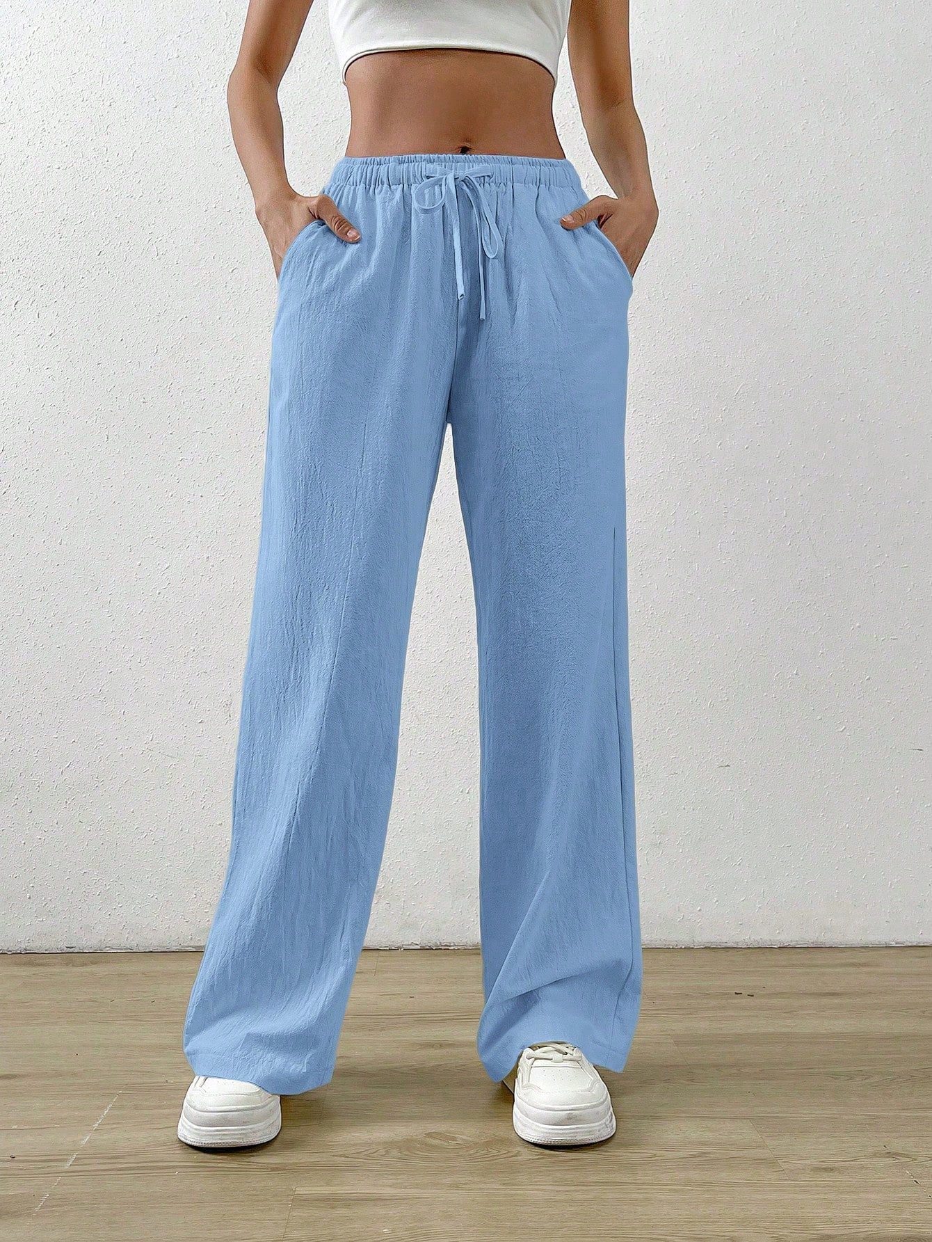 Cotton Loose Straight Drawstring Waist Slant Pocket Pants