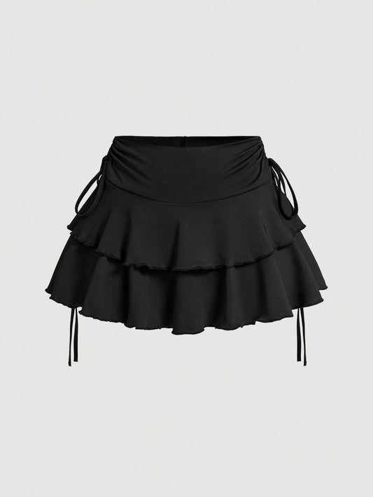 Drawstring And Fold Detail Solid Color Cake Skirt