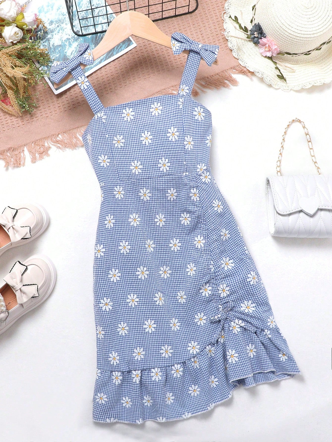 Young Girl Blue Casual Suspenders Dress, Family Matching Outfit (4 Pieces Sold Separately)