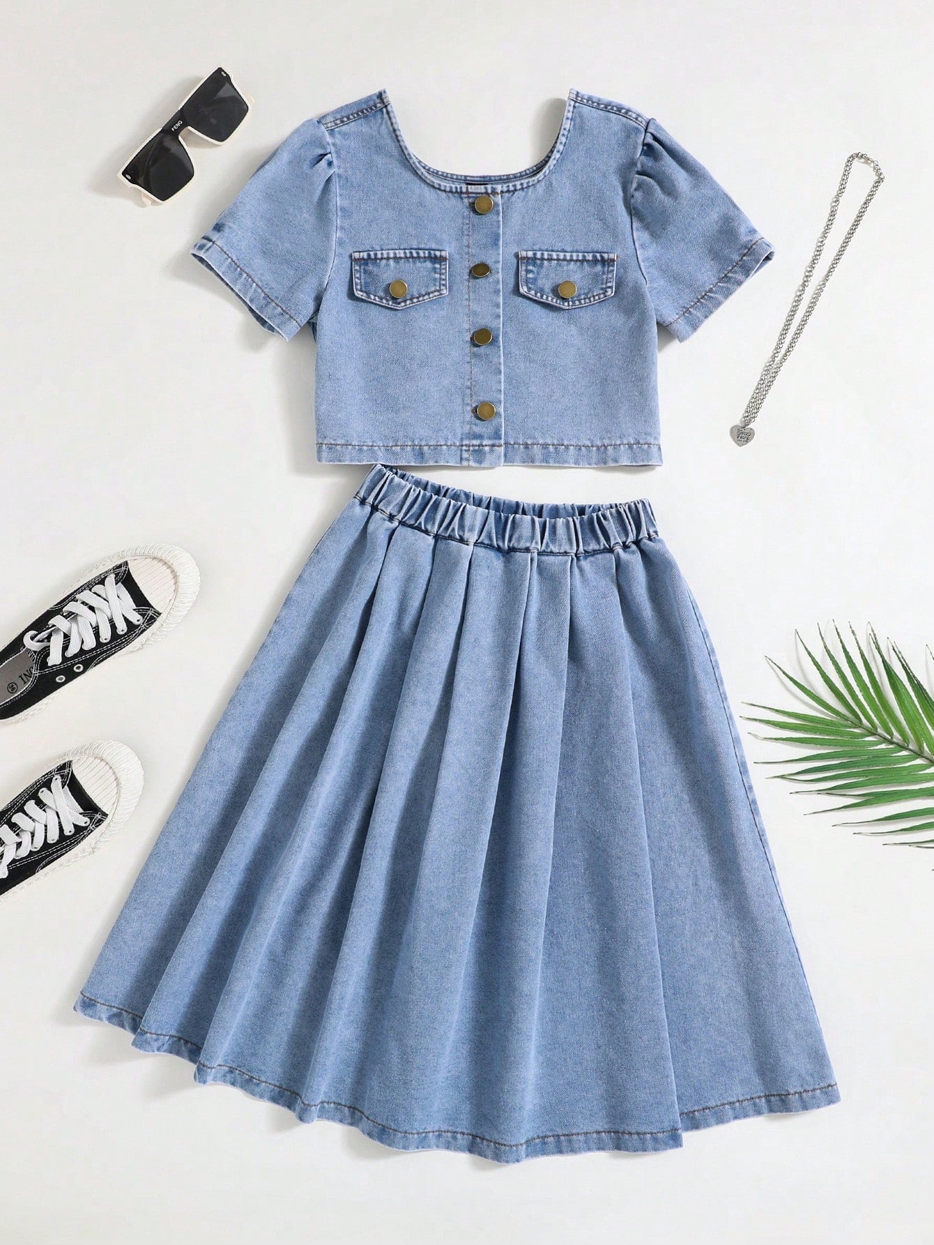 Tween Girls' Casual Light Wash Bubble Short Sleeve Denim Top And Elastic Waist Pleated Denim Skirt Set