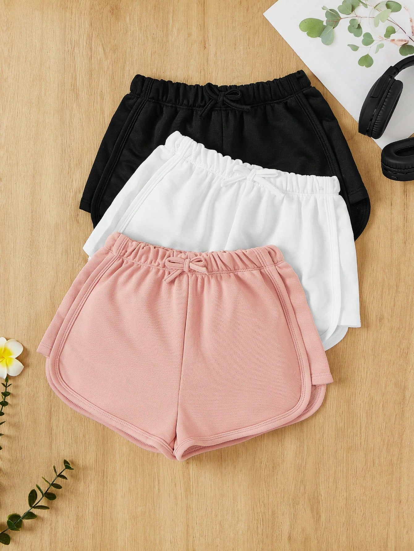 3pcs Solid Color Knitted Bowknot Casual Shorts Set For Tween Girls