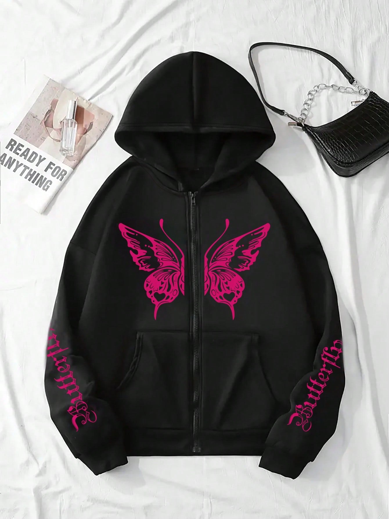 Women's Casual Butterfly & Letter Printed Hooded Sweatshirt With Fleece Lining