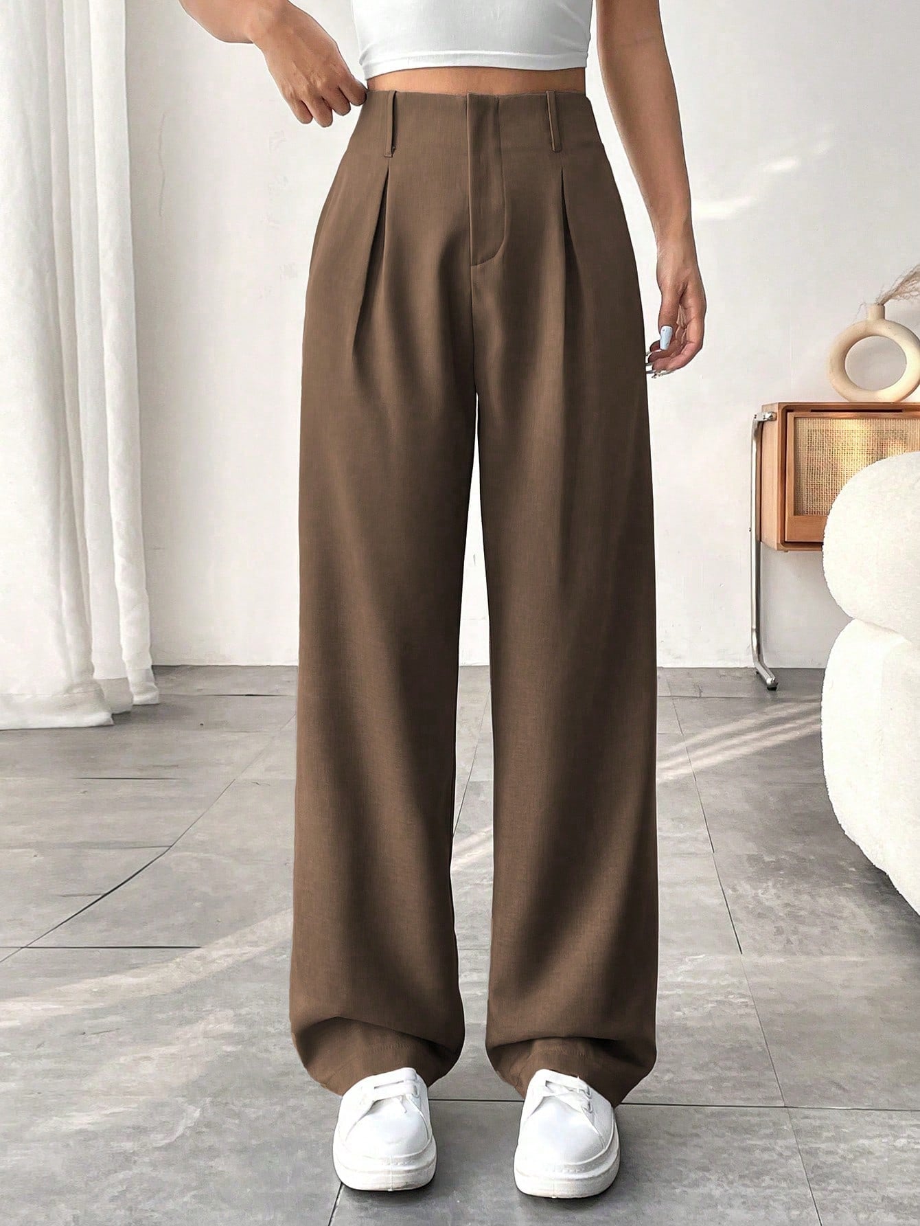 Women Solid Color Wide-Leg Pants With Pockets