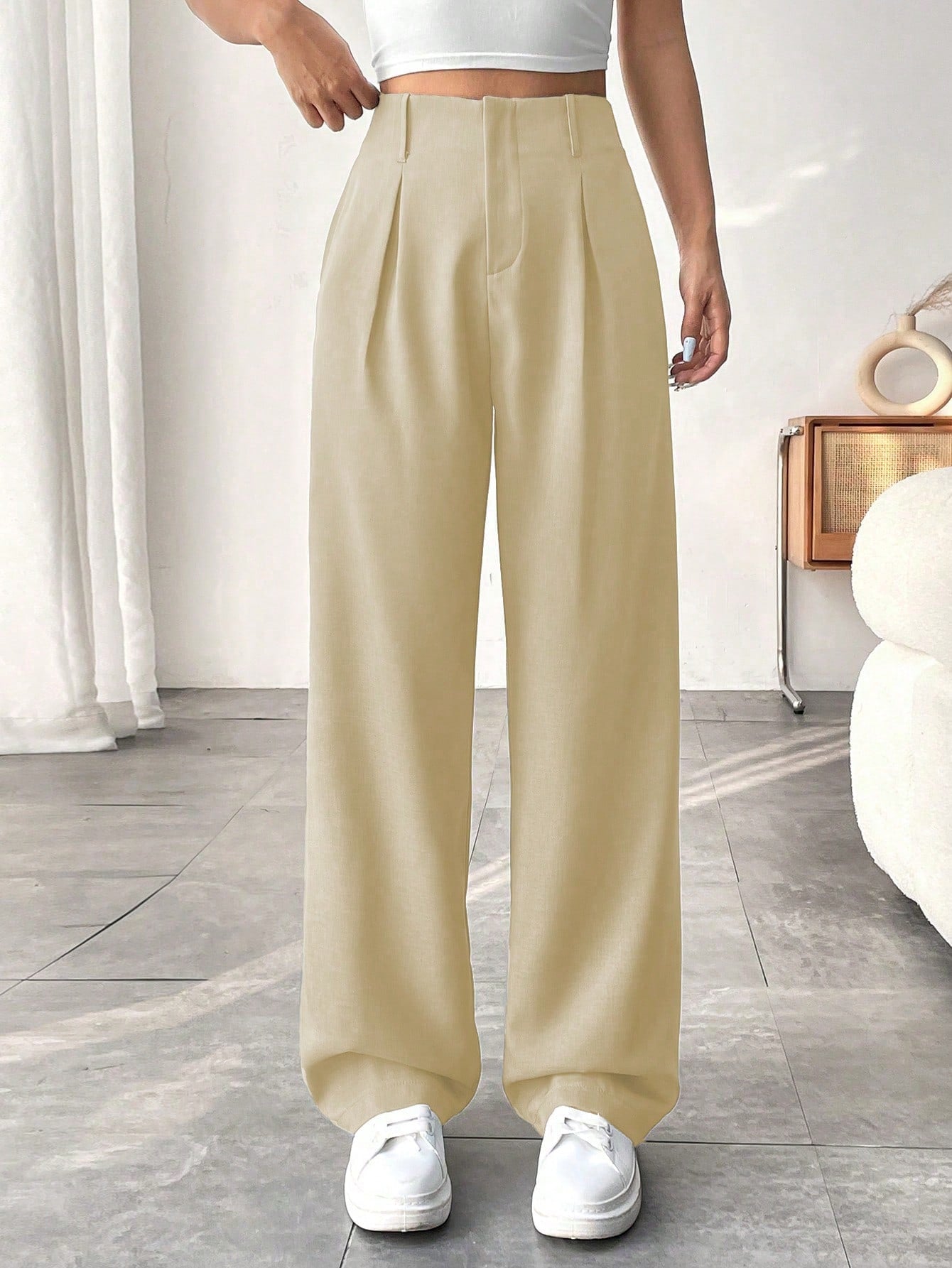 Women Solid Color Wide-Leg Pants With Pockets