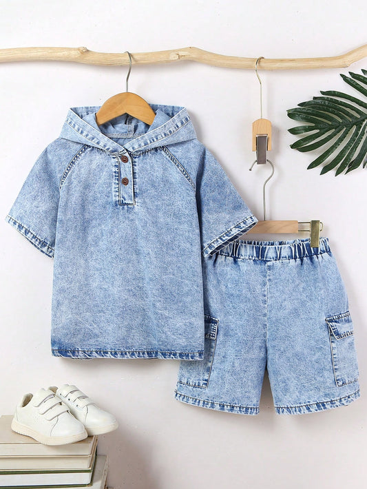 Tween Boy Casual And Comfortable Hooded Denim Jacket And Pocket Shorts Two-Piece Set