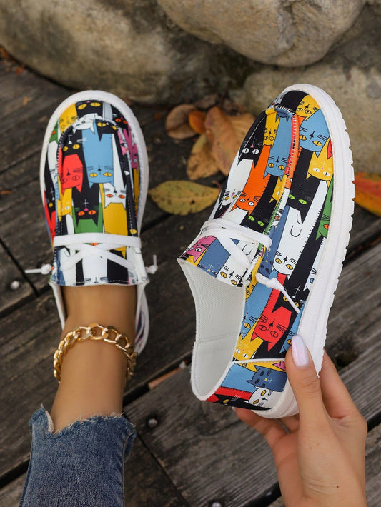 Women Casual Shoes 2024 New Style Graffiti Flat-Bottomed Canvas Shoes With Thick And Light Soles, Low-Cut Design For Trendy Women