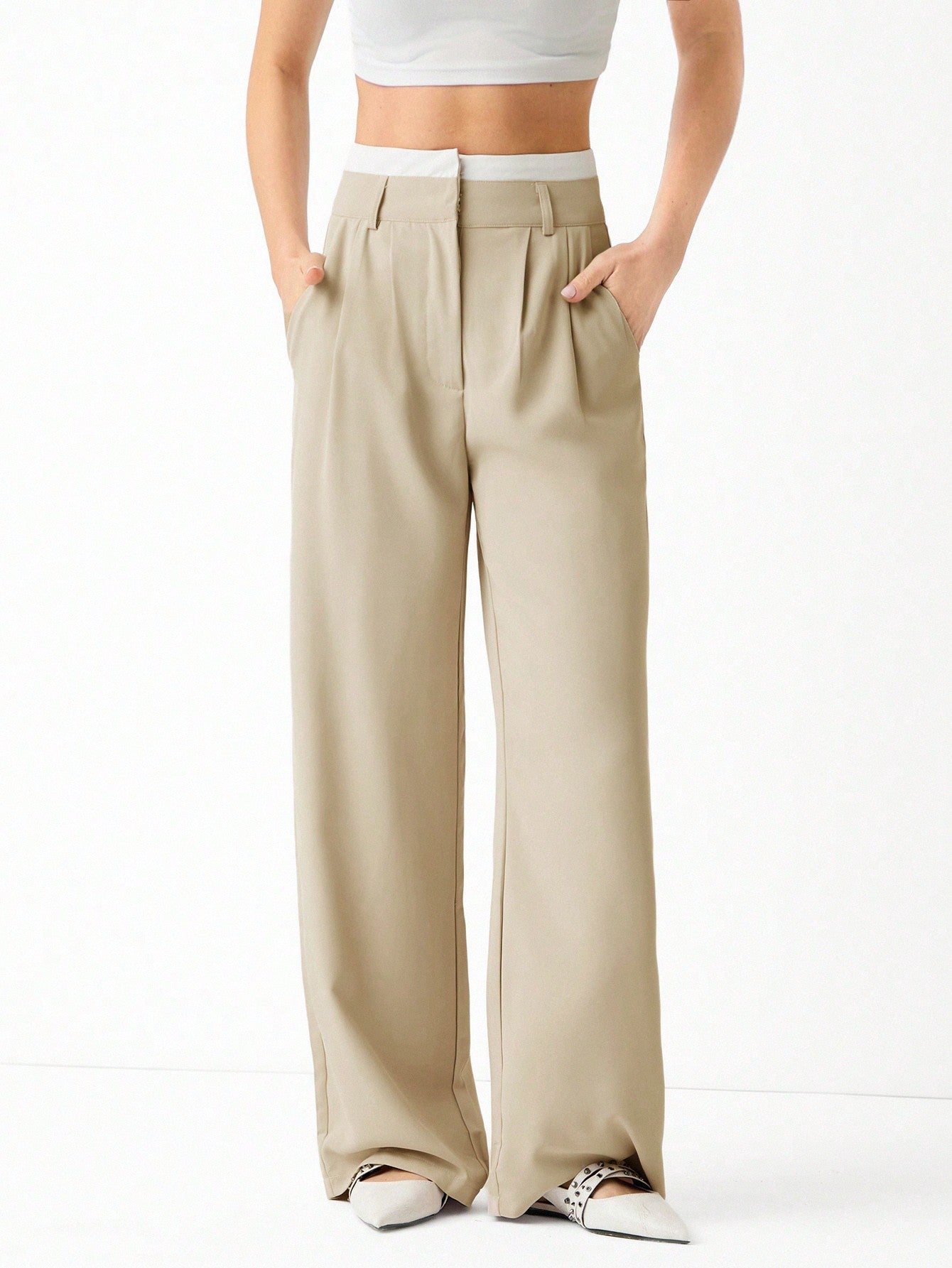 Spring Dress PantsHigh Waist Plicated Detail Wide Leg Suit Pants