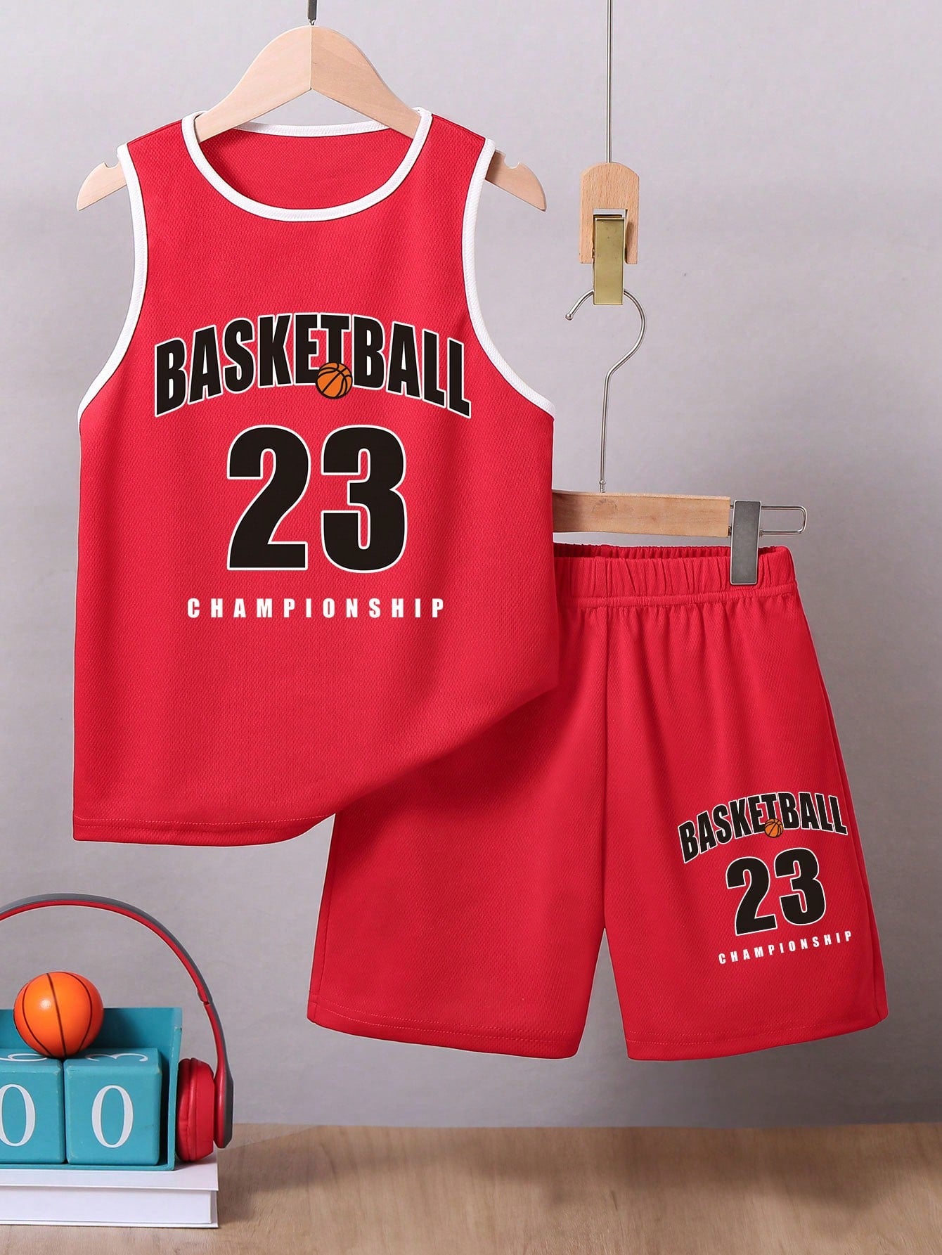 Tween Boys' 2pcs Casual Sporty Breathable Quick-Drying BASKETBALL Letter Print Round Neck Vest And Solid Color Shorts Set, Summer