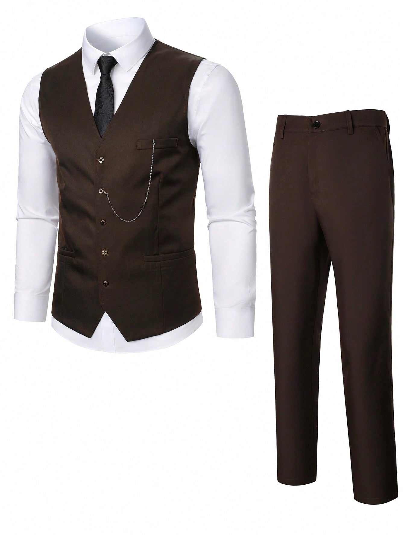 Men Single-Breasted Solid Color Suit Vest And Suit Pants Business Travel Outfit