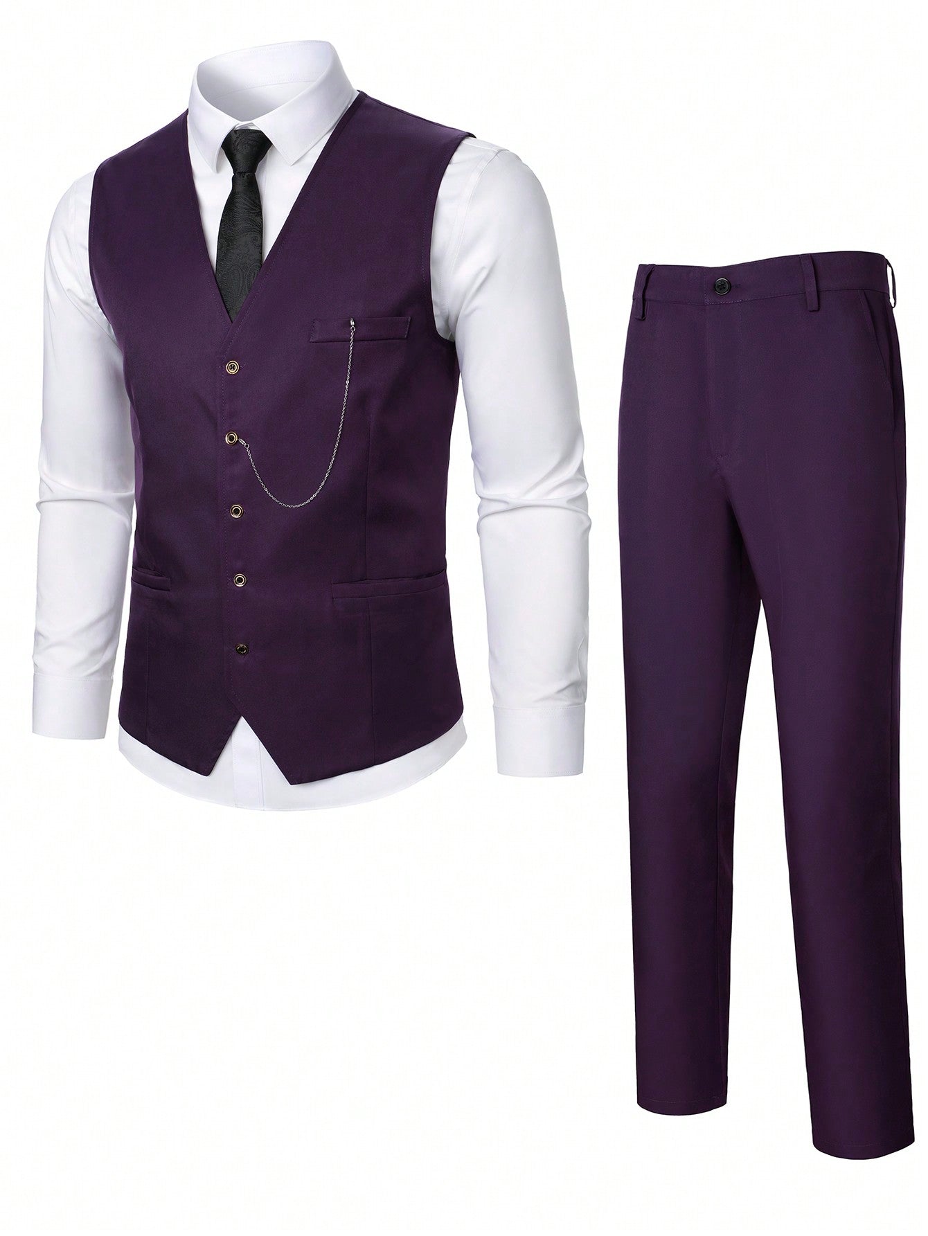 Men Single-Breasted Solid Color Suit Vest And Suit Pants Business Travel Outfit