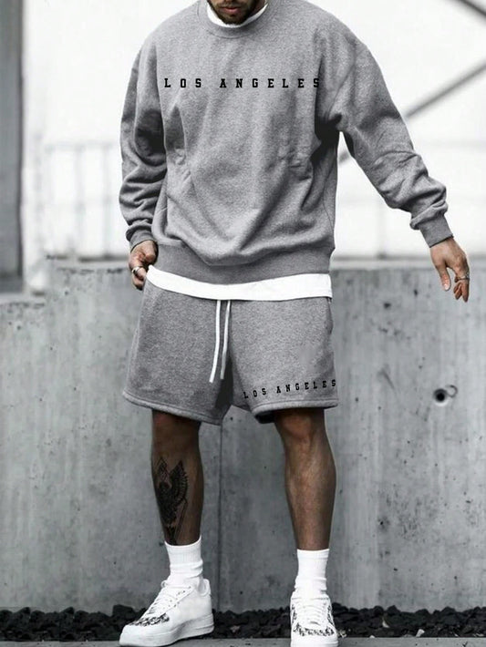 Men Plus Size Letter Print Sweatshirt And Shorts Set