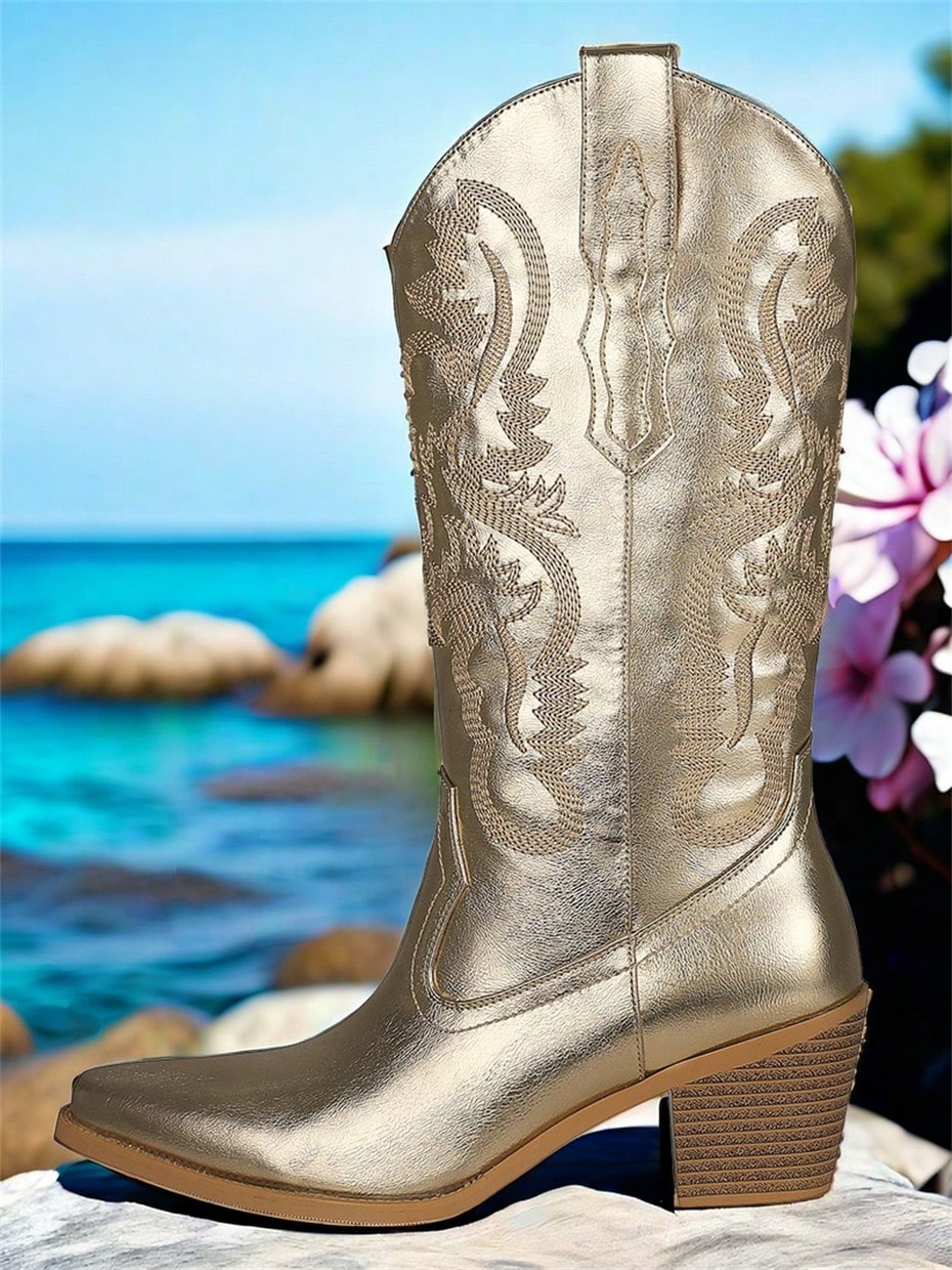 Western Cowgirl Vintage Women Mid Calf Boots Pointy Toe Chunky Block Heel Village Concert Disco Cowboy Long Tall Booties Fashion Woman Shoes