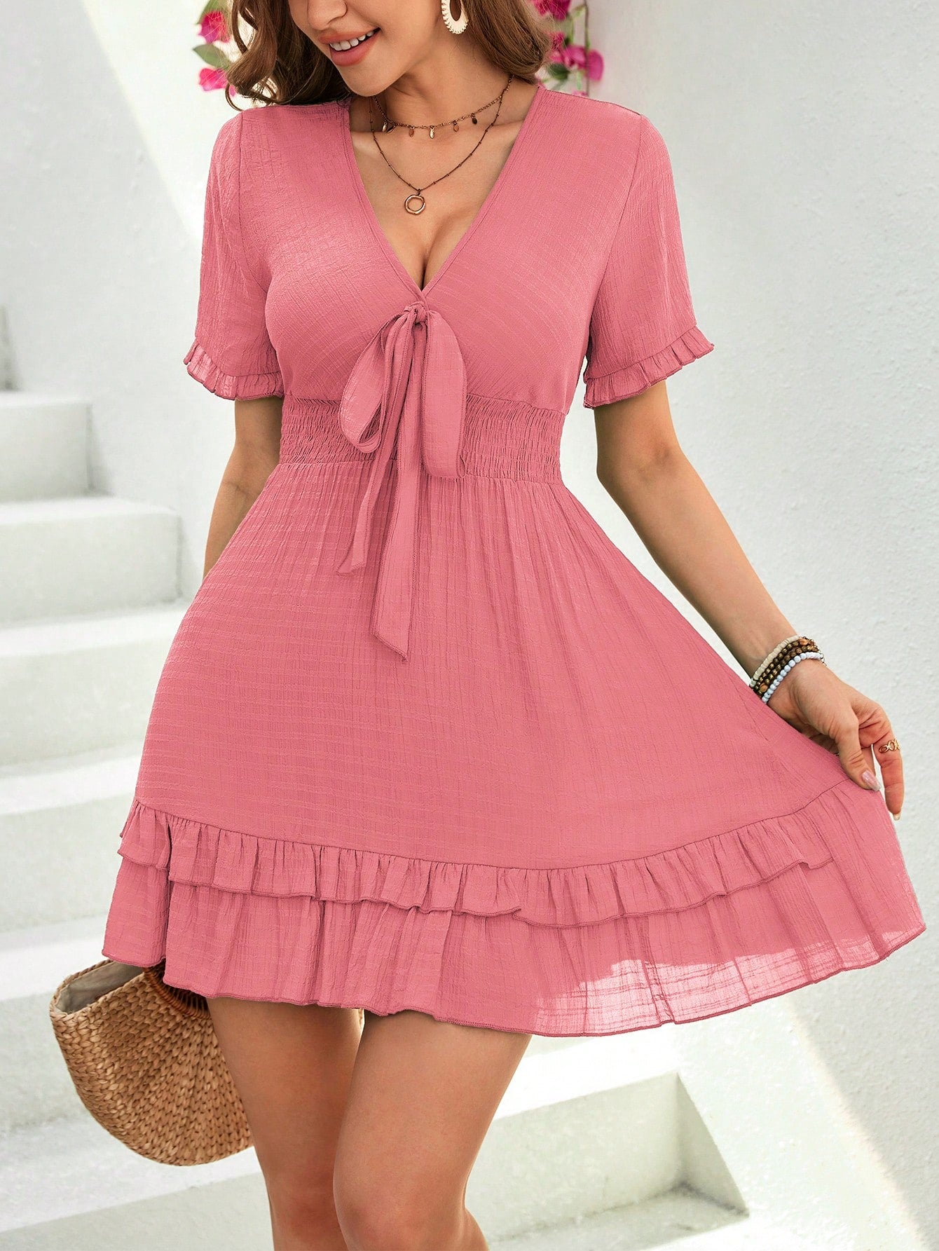 Casual V-Neck Lotus Leaf Hem Summer Dress