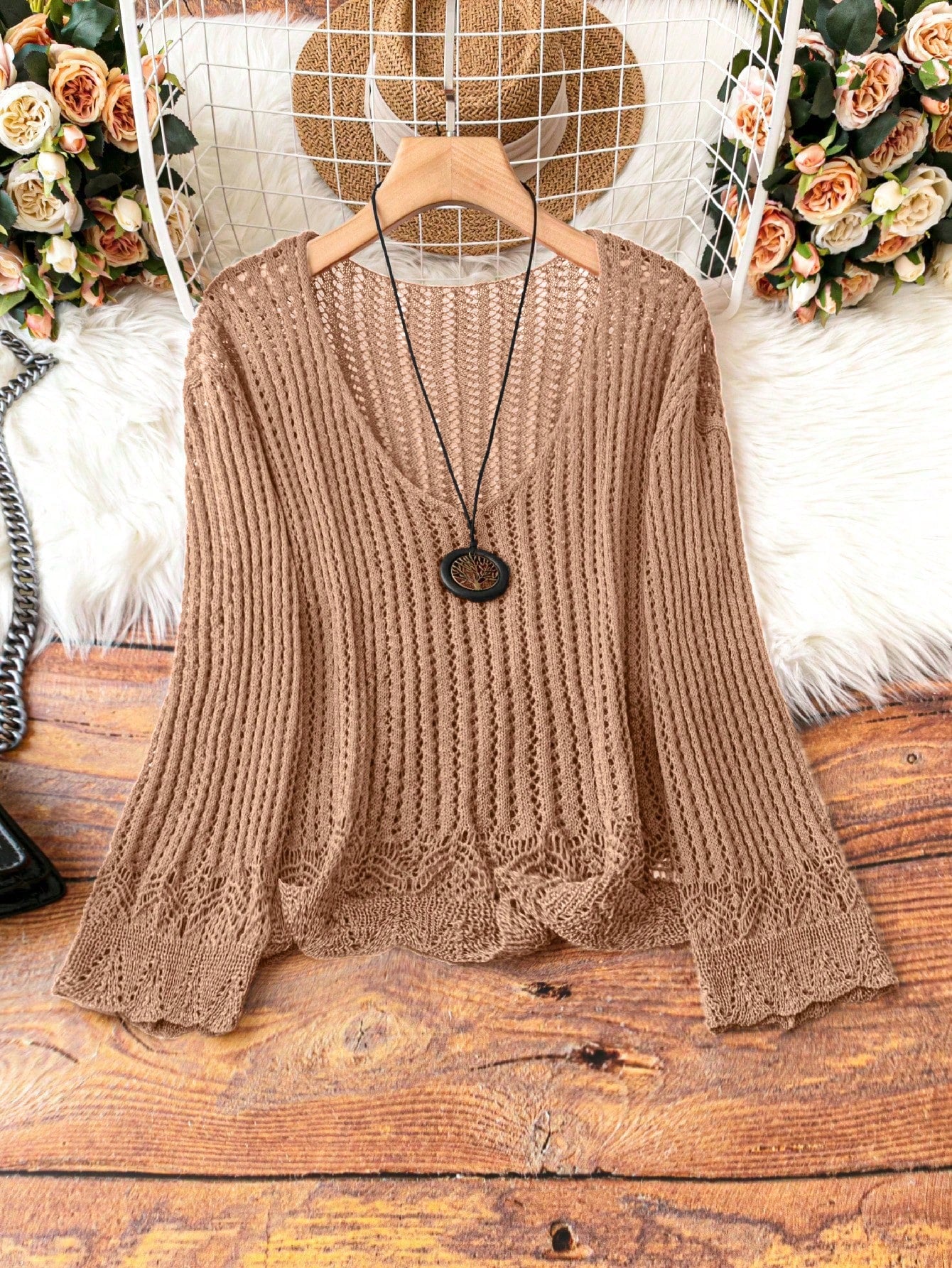 Plus Size Loose Fit Solid Color Ribbed Knit V-Neck Casual Sweater